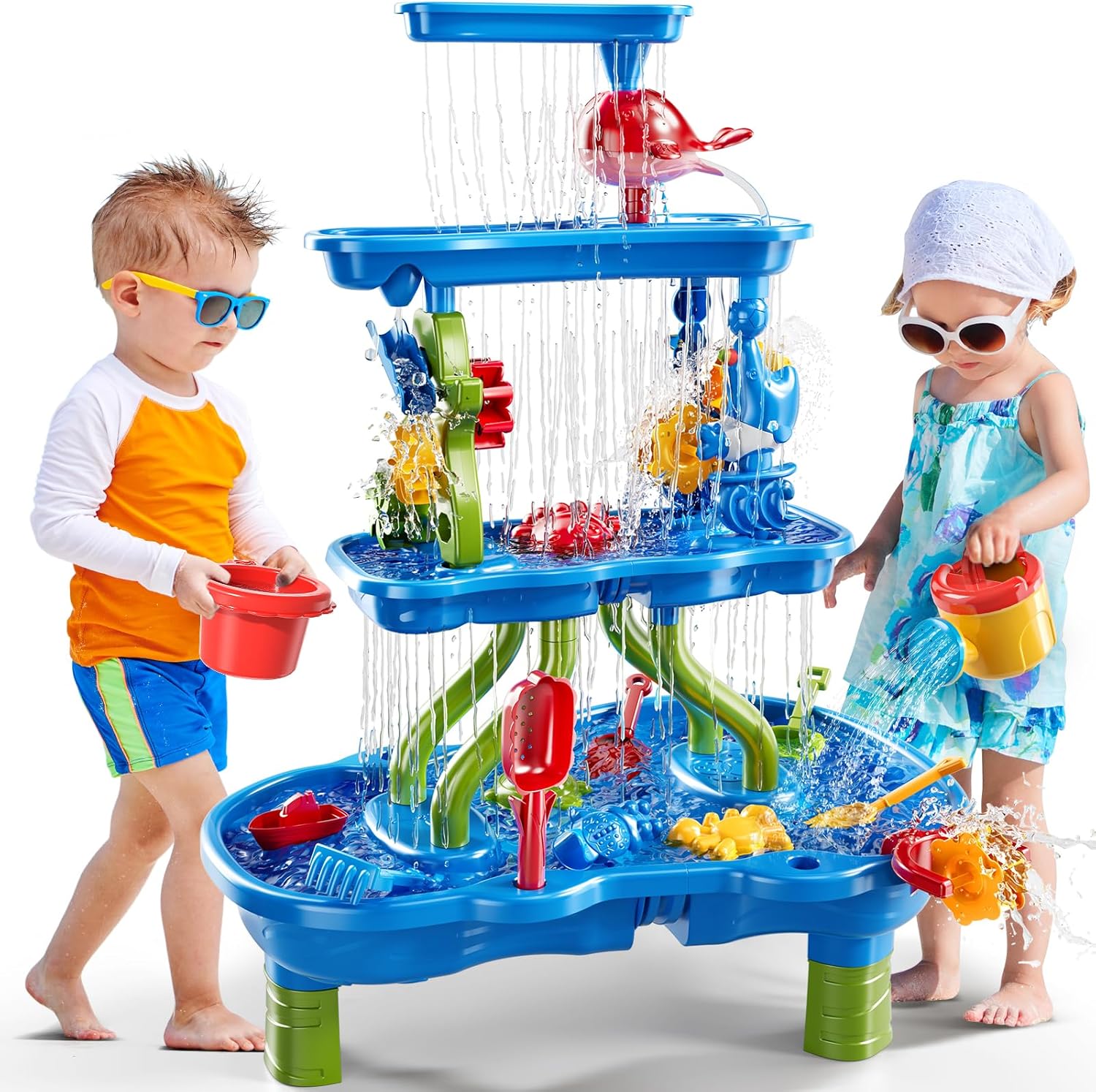 PEADUCK 4-Tier Sand and Water Table front view with cascading waterfall effect