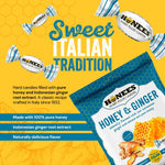 Close up of Honees Honey and Ginger candy piece revealing the golden hard candy shell texture