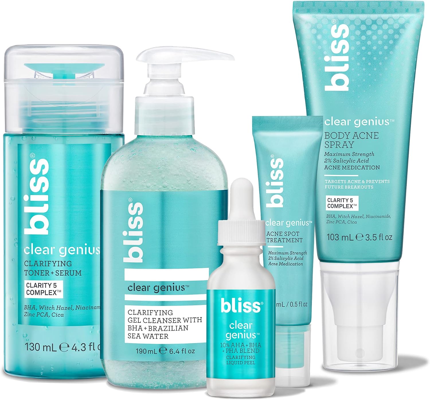 Bliss Clear Genius Clarifying Kit front view featuring full set of acne treatment products.