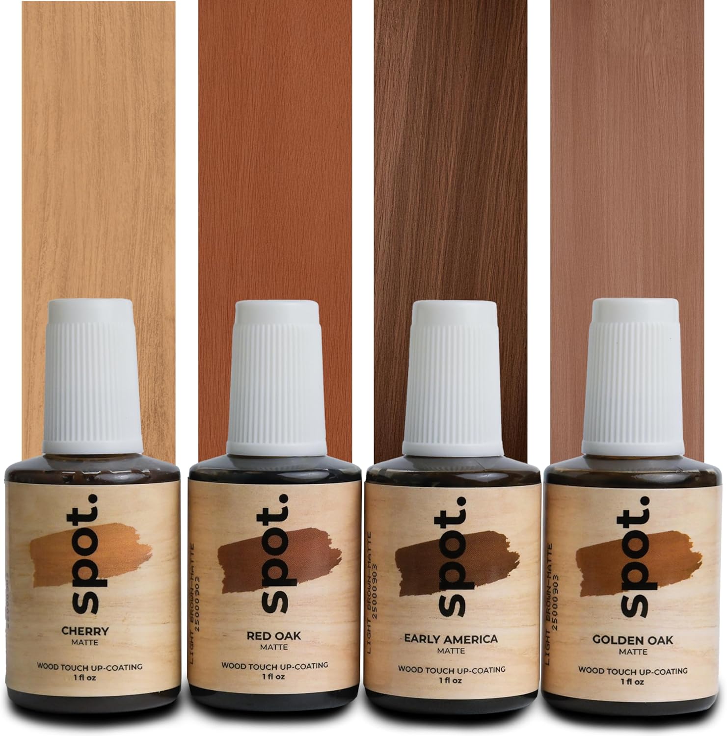 Spot Wood Stain Repair Kit light brown touch up bottles front view on wooden surface