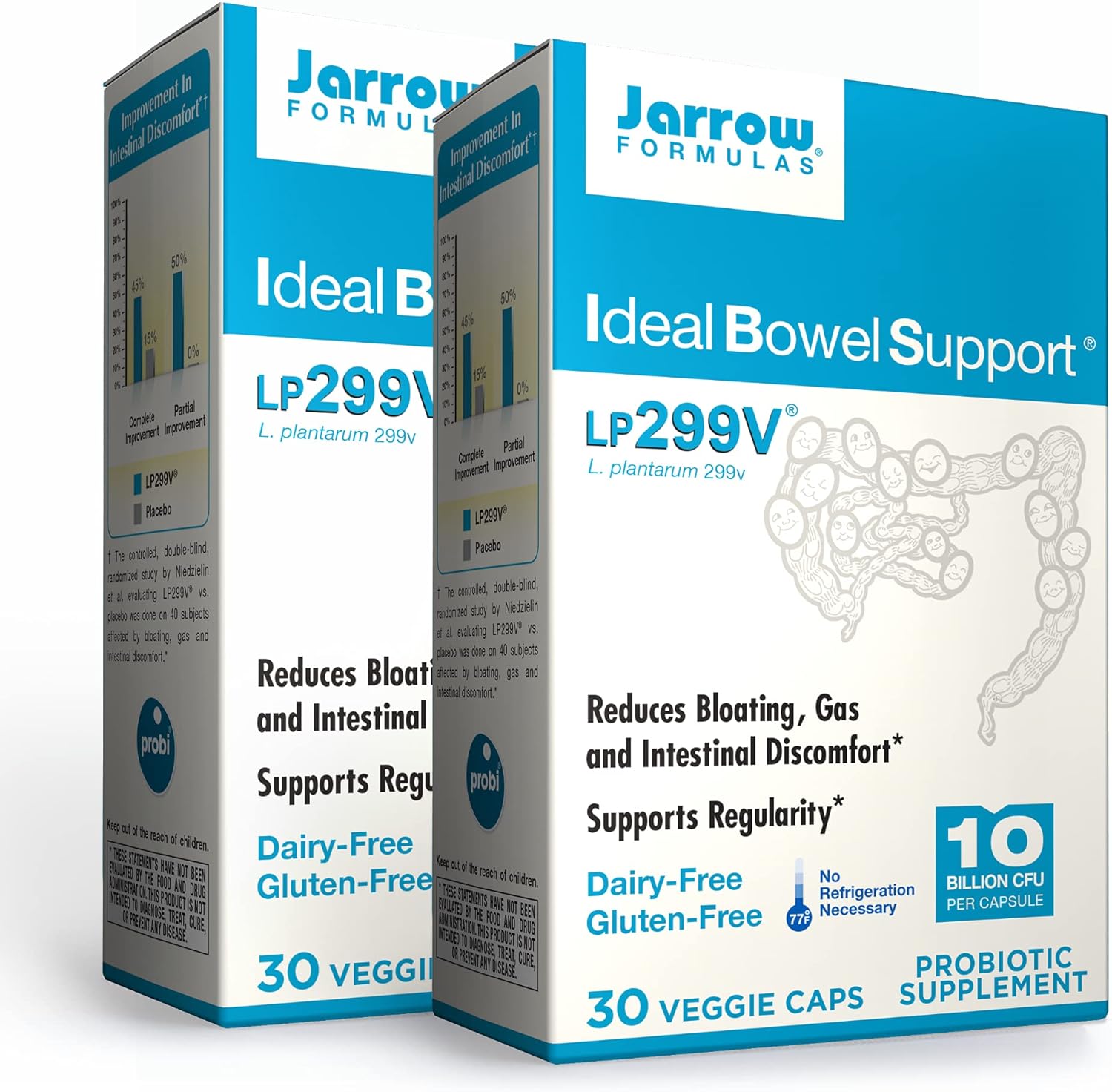 Jarrow Formulas Ideal Bowel Support probiotic supplement twin pack front view showing active culture count.