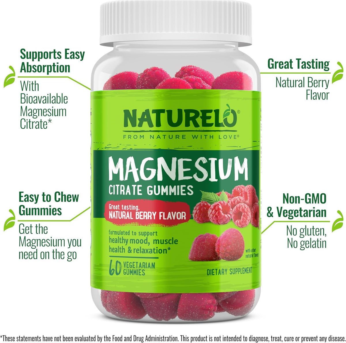 Naturelo Magnesium Citrate Gummies vegetarian and non-gmo certification details