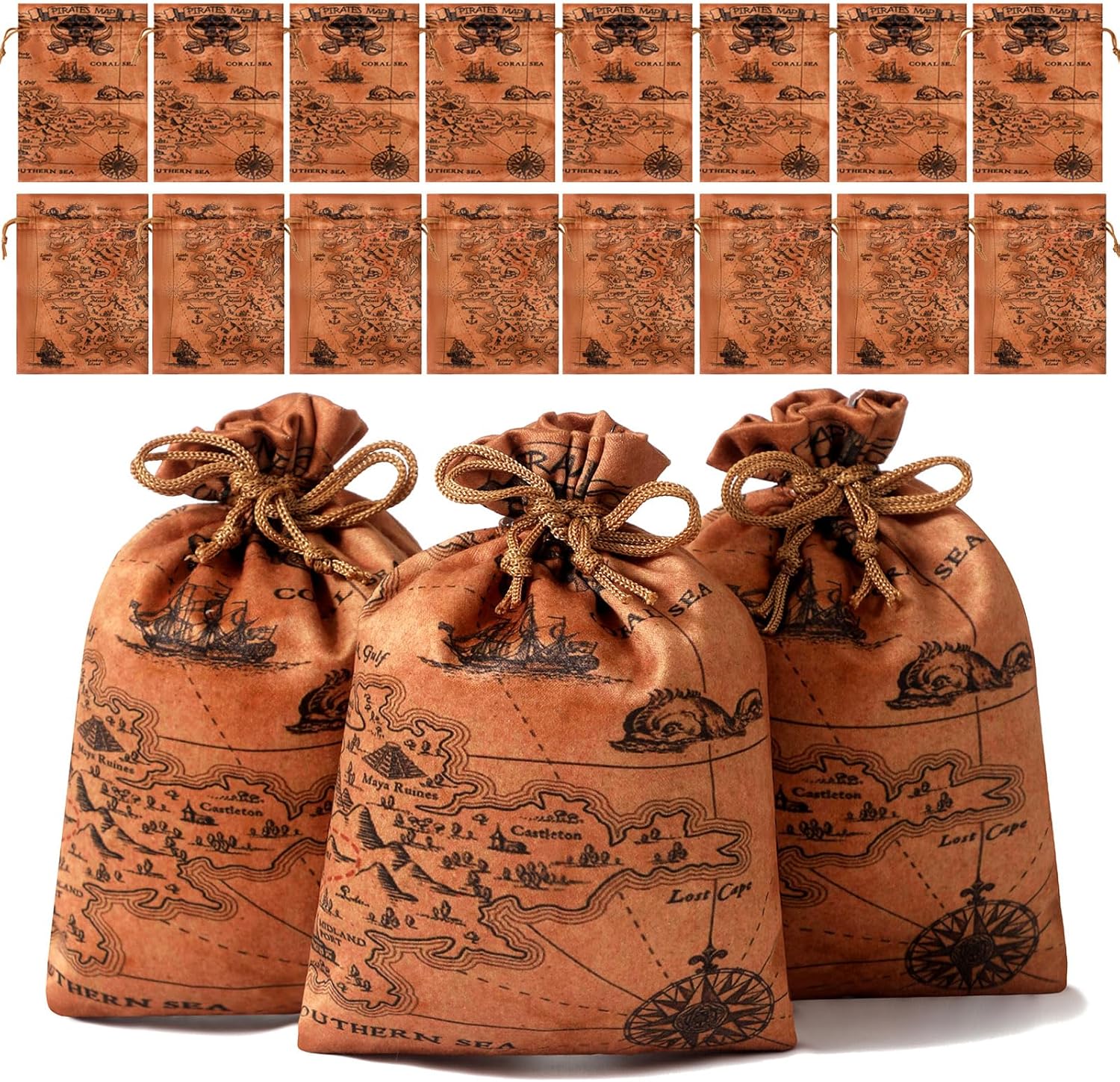 Richness pirate party favor bags with treasure map design front view