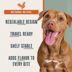 BEAUMONT BASICS White Cheddar and Peanut Butter flavor dog food toppers side view.