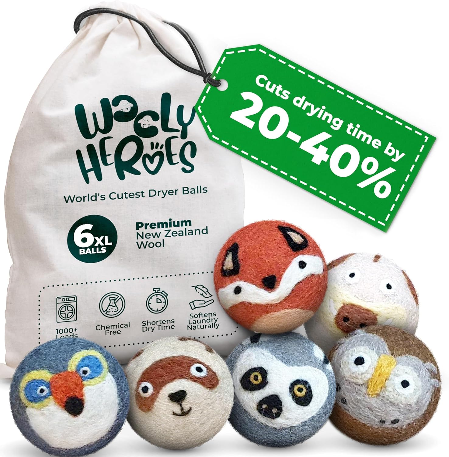 Wooly Heroes XL Wool Dryer Balls 6-Pack front view in packaging.