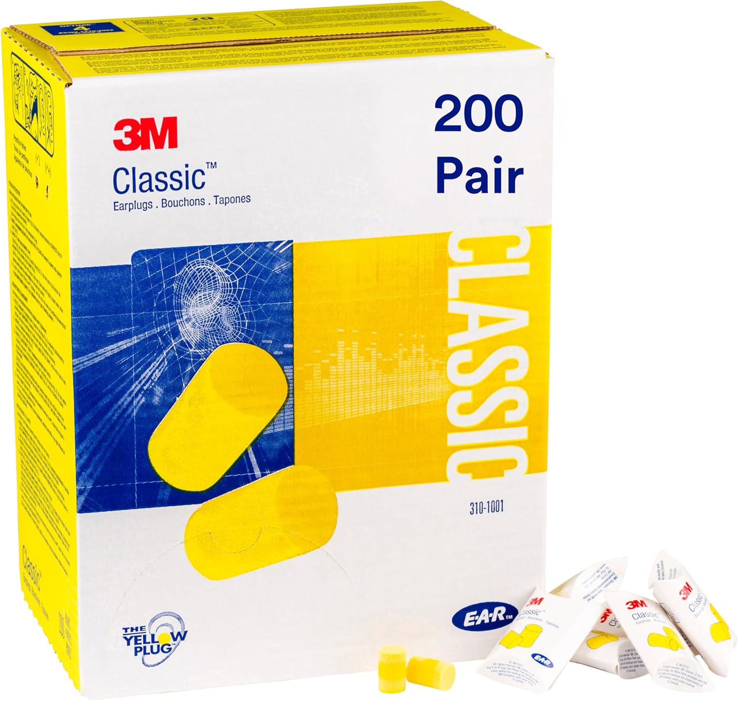 3M Ear Plugs, 200 Pairs/Box, E-A-R Classic 310-1001, Uncorded, Disposable, Foam, NRR 29, For Drilling, Grinding, Machining, Sawing, Sanding, Welding, 1 Pair/Pillow Pack - Image 1