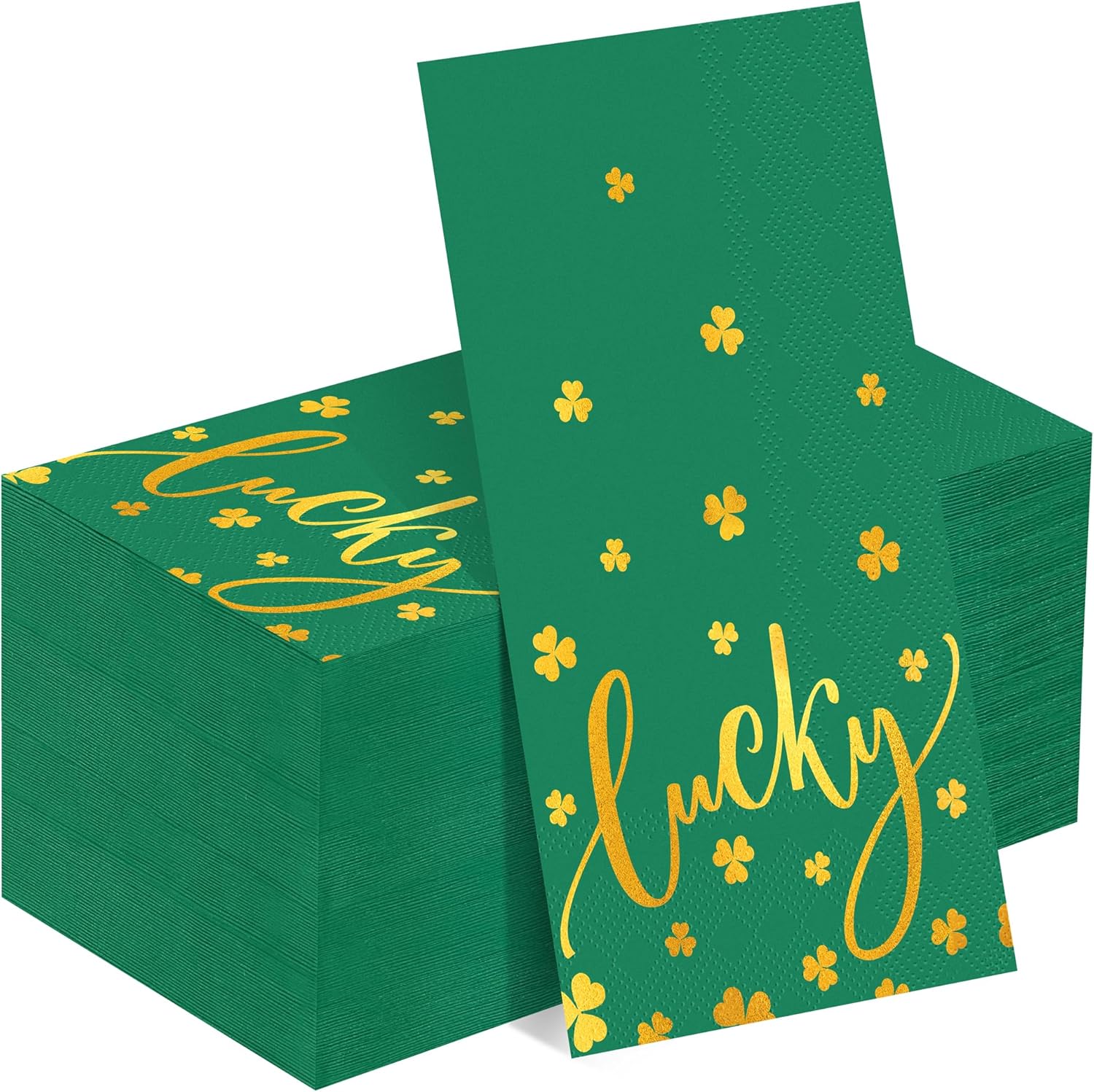 Kochorie St. Patrick’s Day napkins with gold foil shamrock design front view.