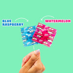 Close up of the blue raspberry and watermelon flavored low sugar suckers.