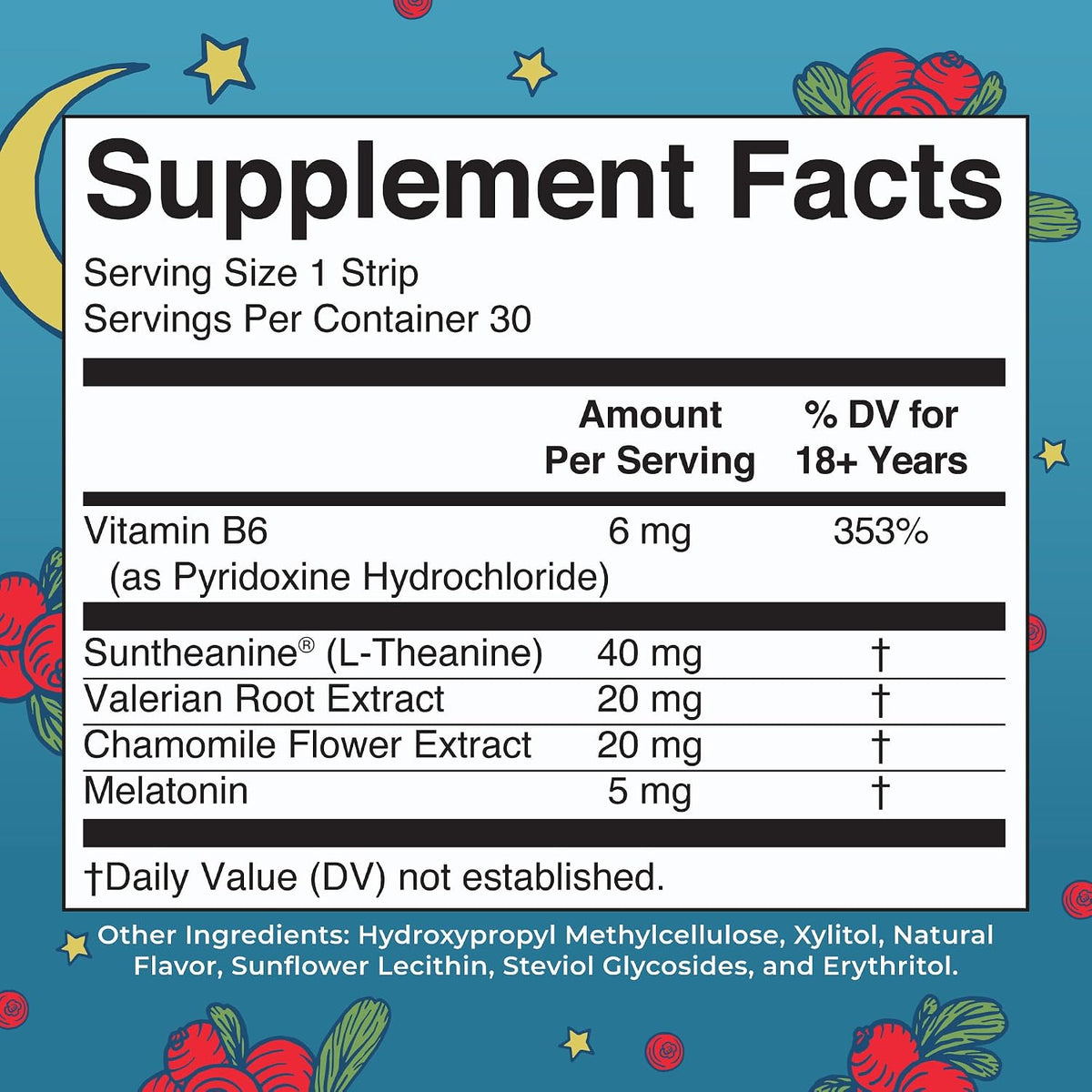 MaryRuth's sleep strips active ingredients supplement facts label