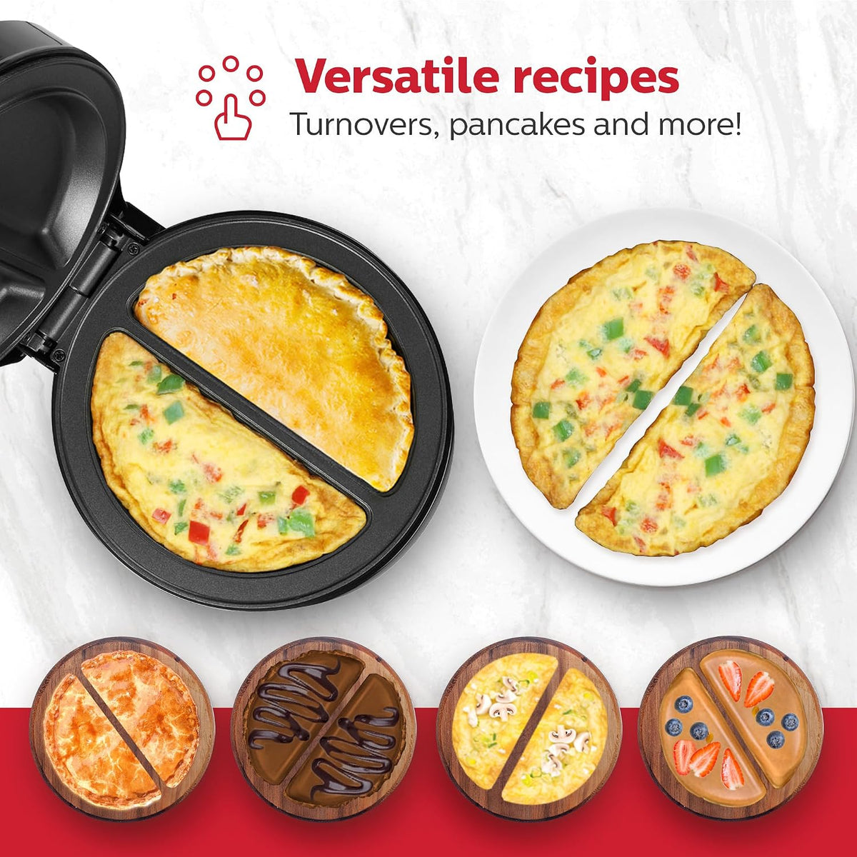 Holstein Housewares Stainless Steel 2 Section Omelet & Frittata Maker, Non Stick Coating, Easy To Clean, Indicator Lights, Compact Storage, Prepare Versatile Recipes in Minutes. 2 Portions, Black - Image 6