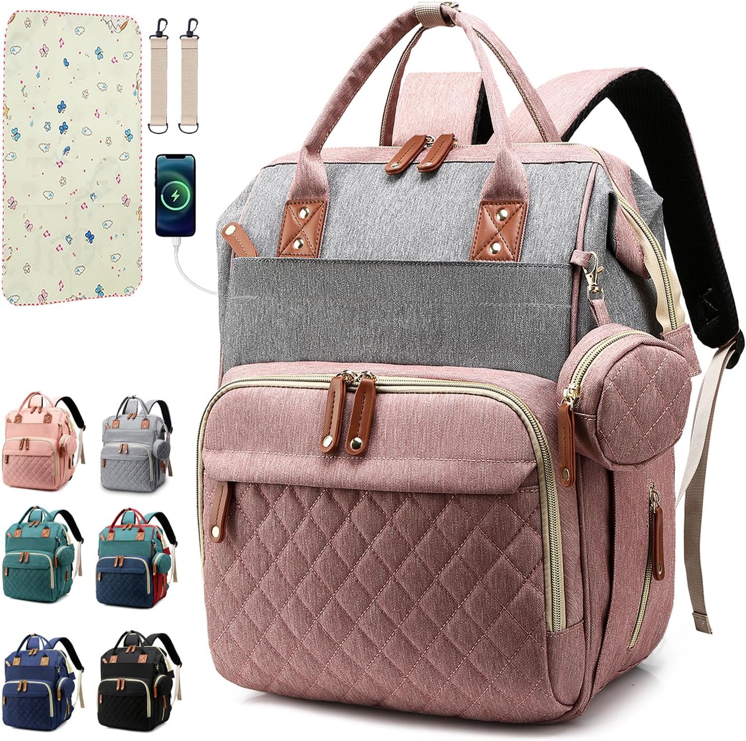 SHITIESHOU diaper bag backpack front view in quilted pink and grey
