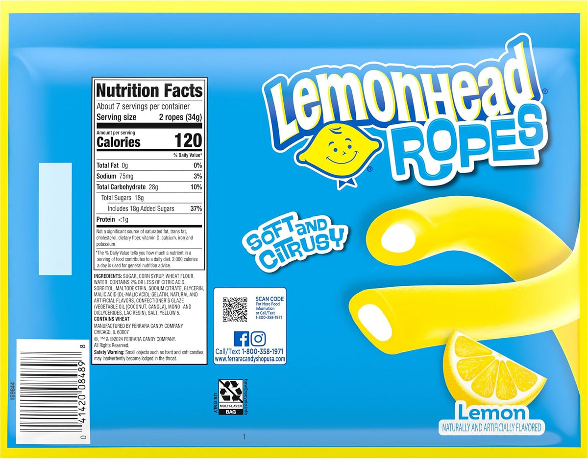 Authentic USA imported sour lemon chewy candy ropes bag.