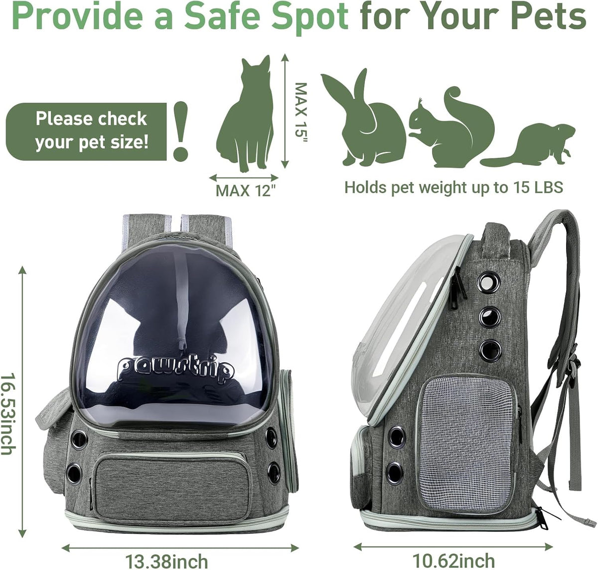 Pawstrip cat backpack carrier side mesh panel and pocket