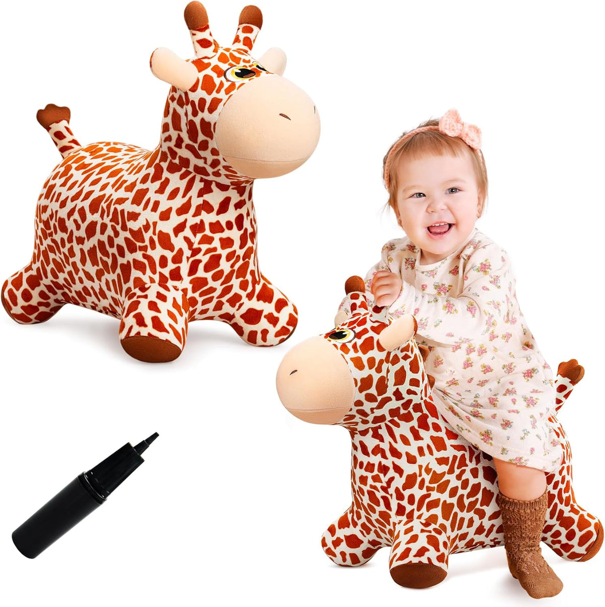 VangeBow Giraffe Bouncy Horse Toy front view of plush inflatable ride on hopper for toddlers.