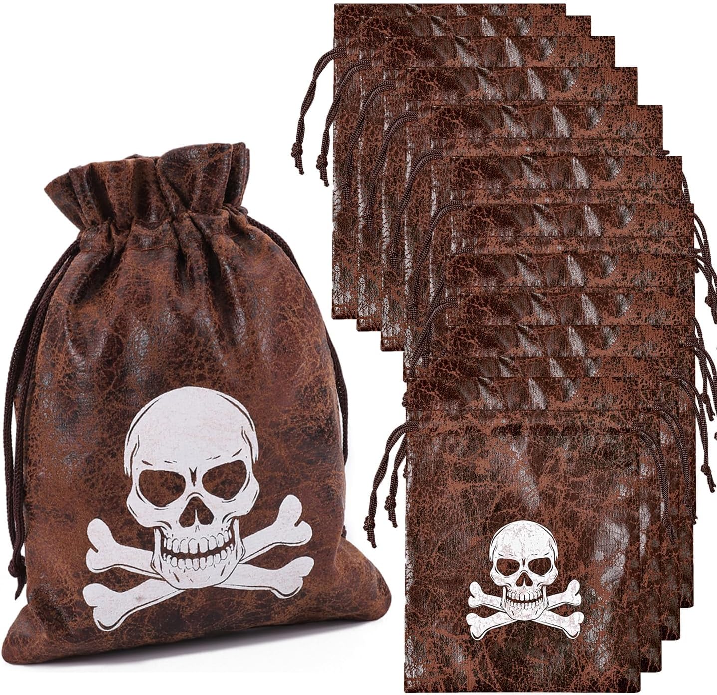 Richness pirate loot bags pack of twelve standing upright showing front view skull design.