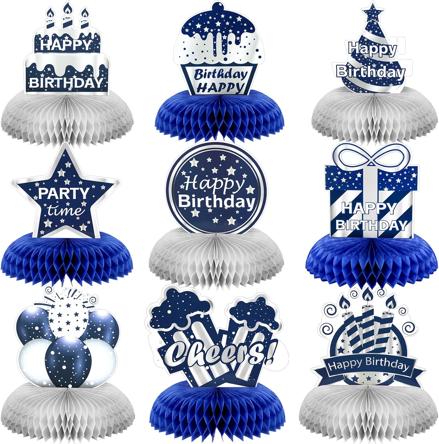 Yexiya 9 piece happy birthday honeycomb centerpiece set front view