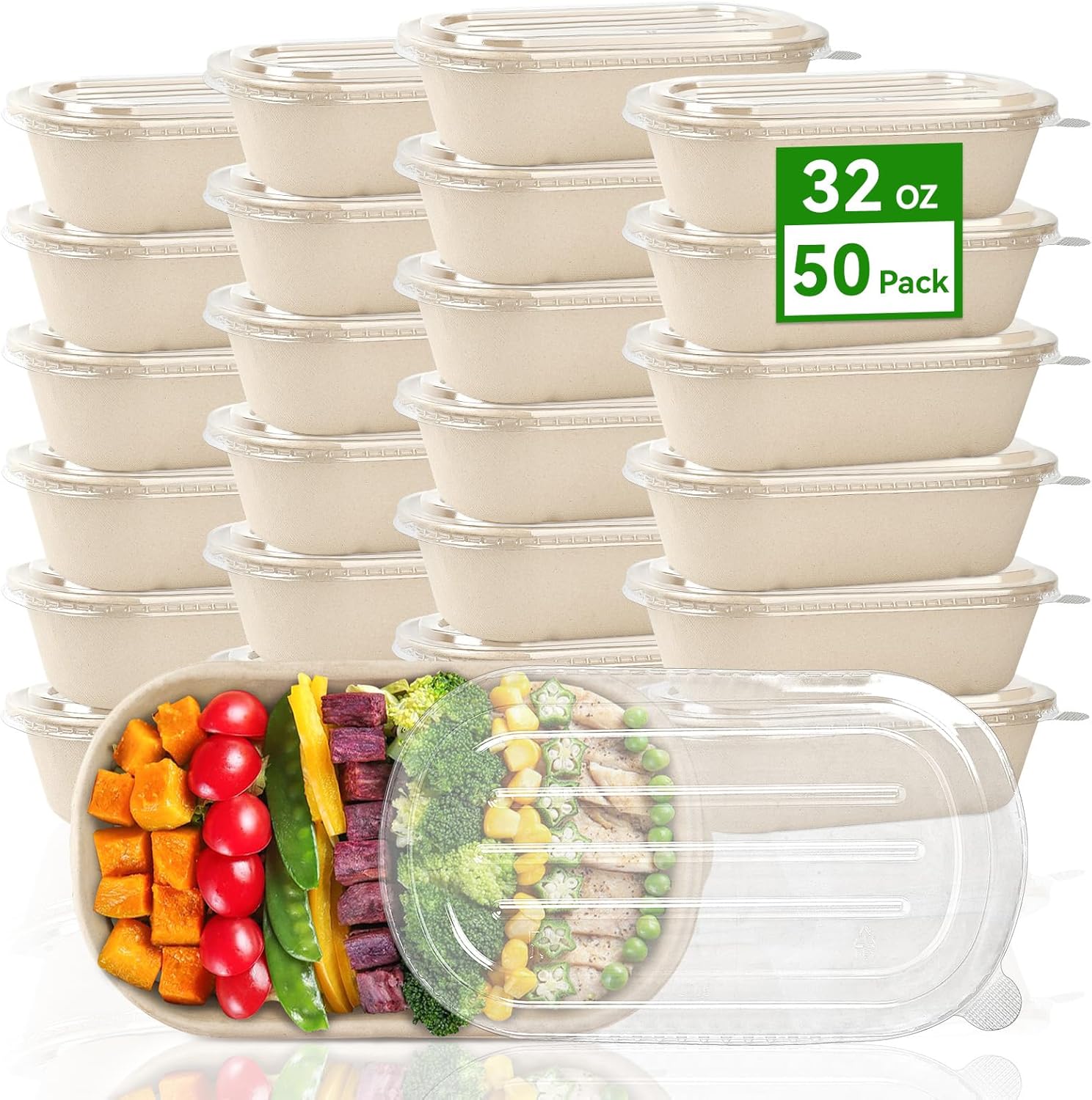Zorrita 32 Ounce sugarcane fiber meal prep containers 50 pack with clear lids front view