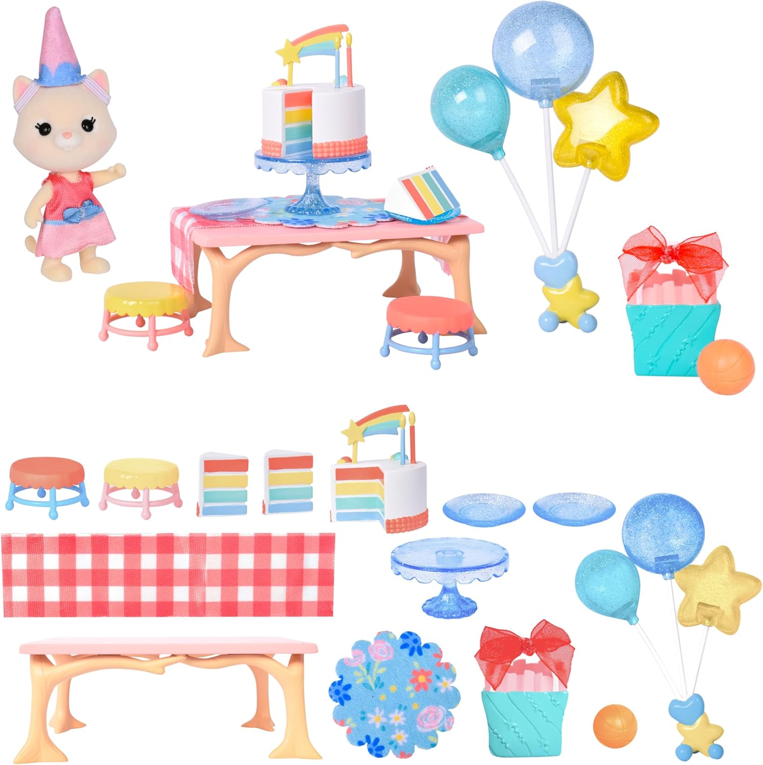 Honey Bee Acres Birthday Wishes Playset front view displaying fifteen piece miniature dollhouse party items