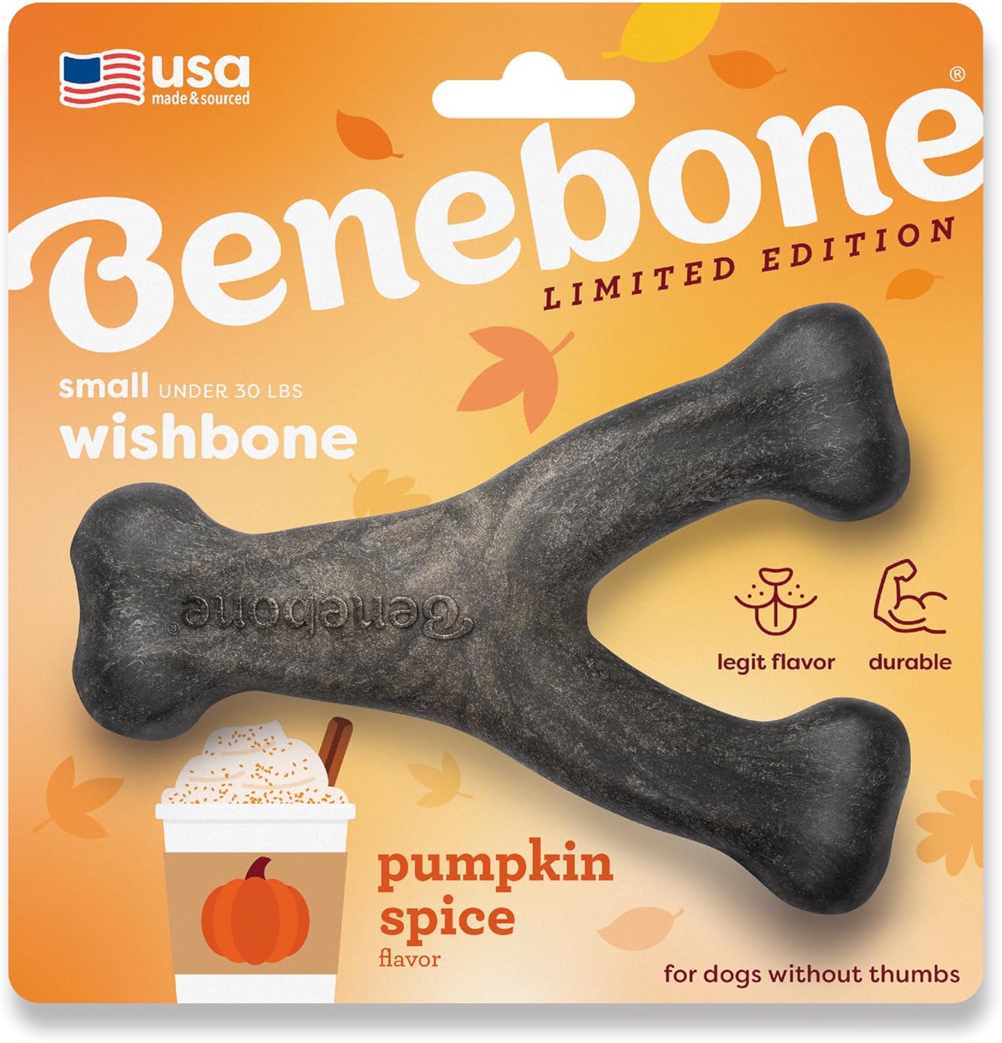 Benebone Pumpkin Spice Wishbone dog chew toy front view