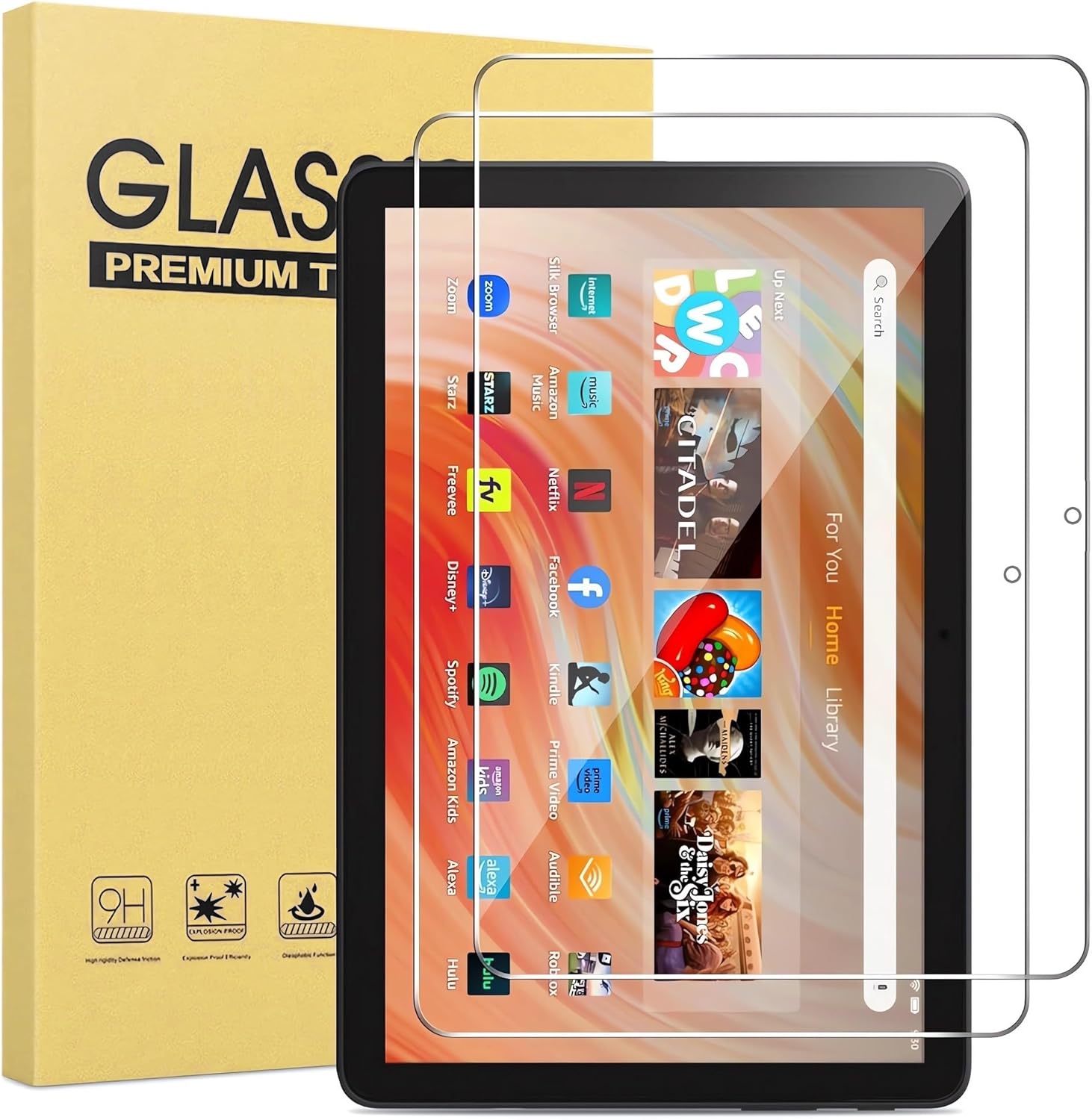 Maomini 2 pack tempered glass screen protector for Fire 10 tablet front view