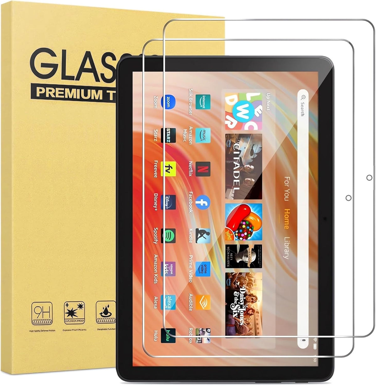 Maomini 2 pack tempered glass screen protector for Fire 10 tablet front view