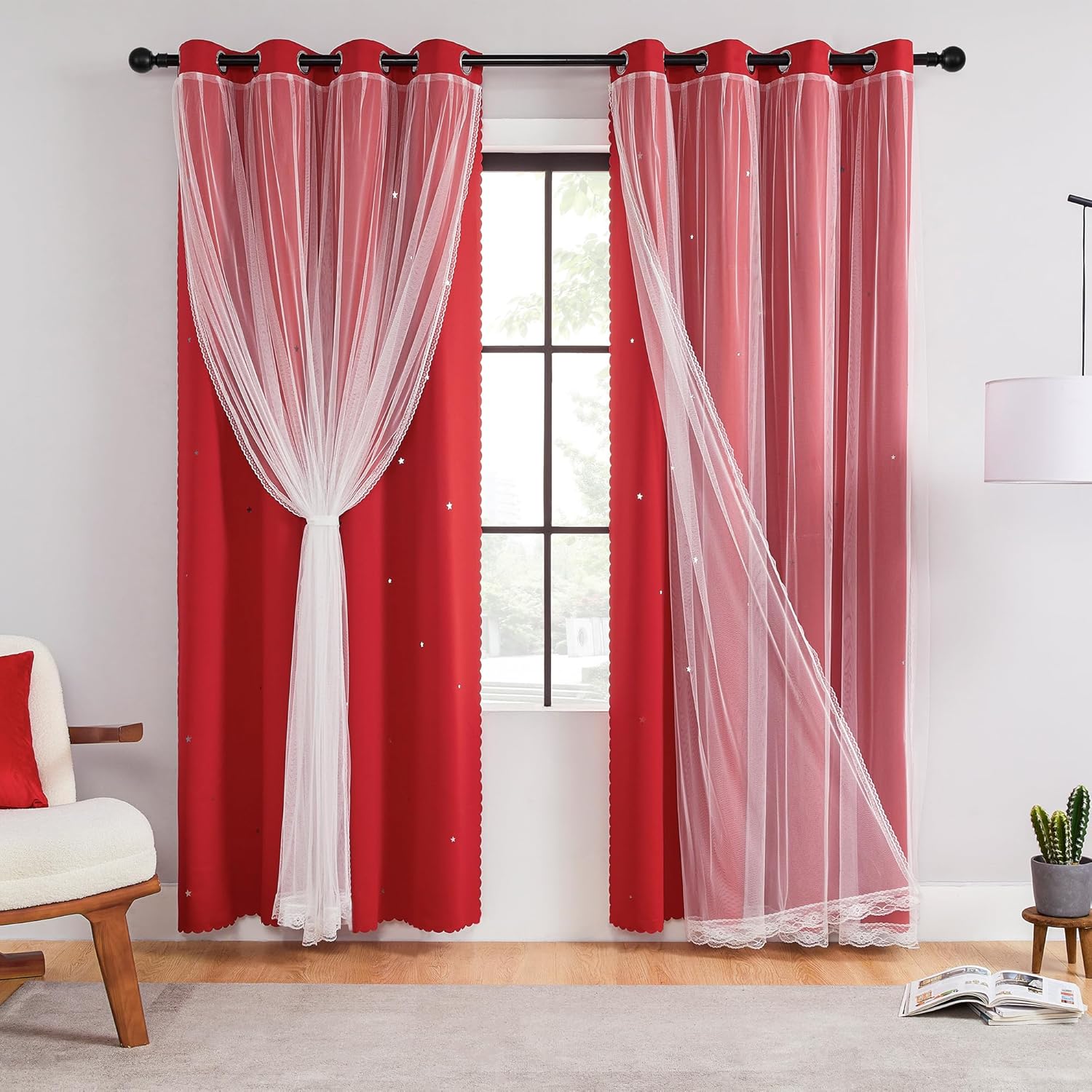 XiDi unicorn blackout curtains red front view showing double layer star cutout design