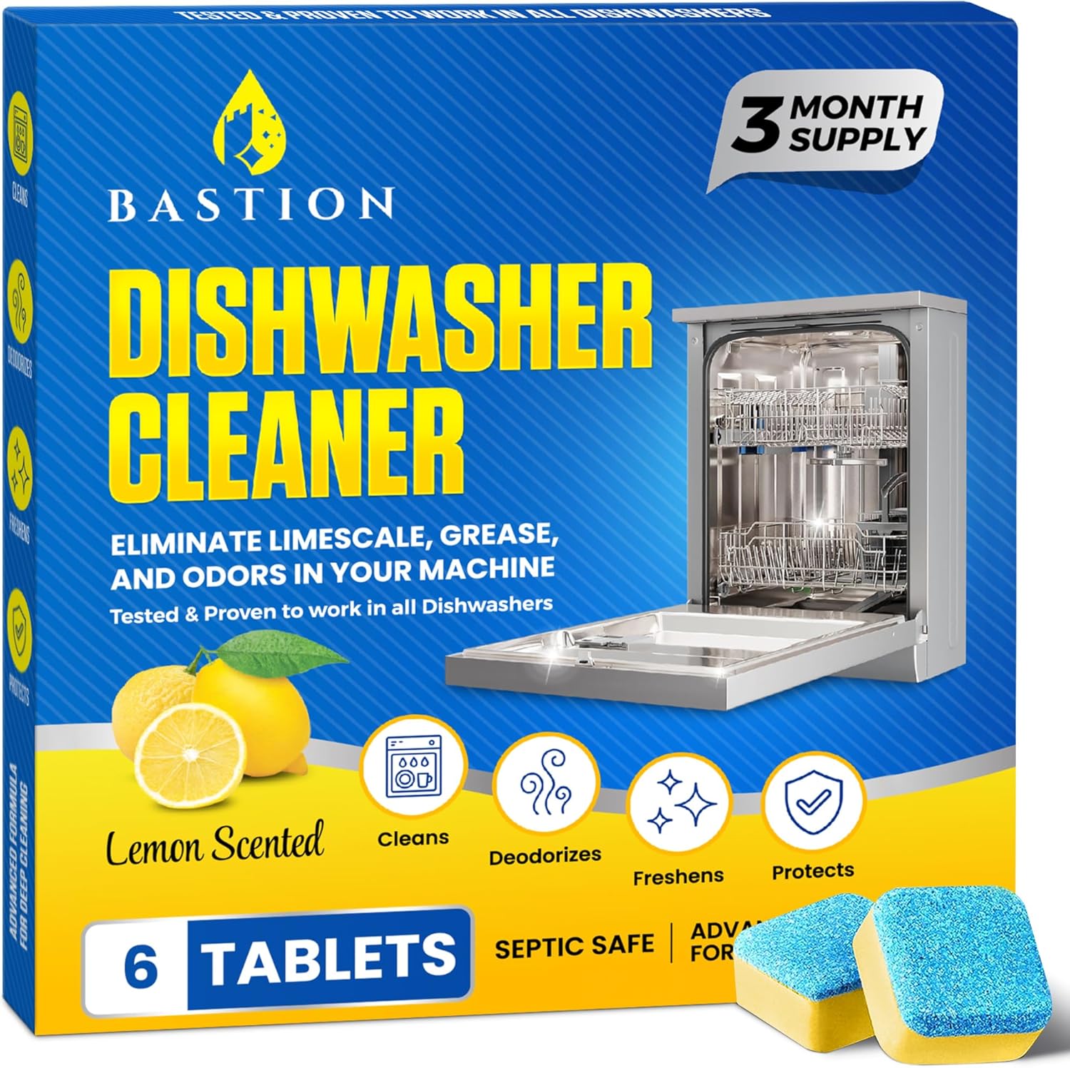 Bastion Dishwasher Cleaner Tablets front packaging showing 6 count lemon scent pods.