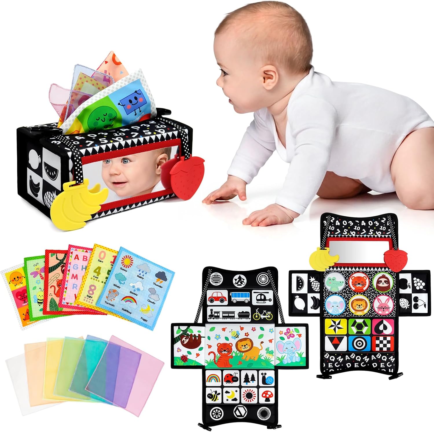 Dr.Rapeti 3 in 1 sensory toy front view showing the high contrast black and white patterns and foldable tummy time mirror.