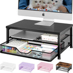 OPNICE computer monitor stand riser front view displaying the sliding drawer and black metal mesh construction