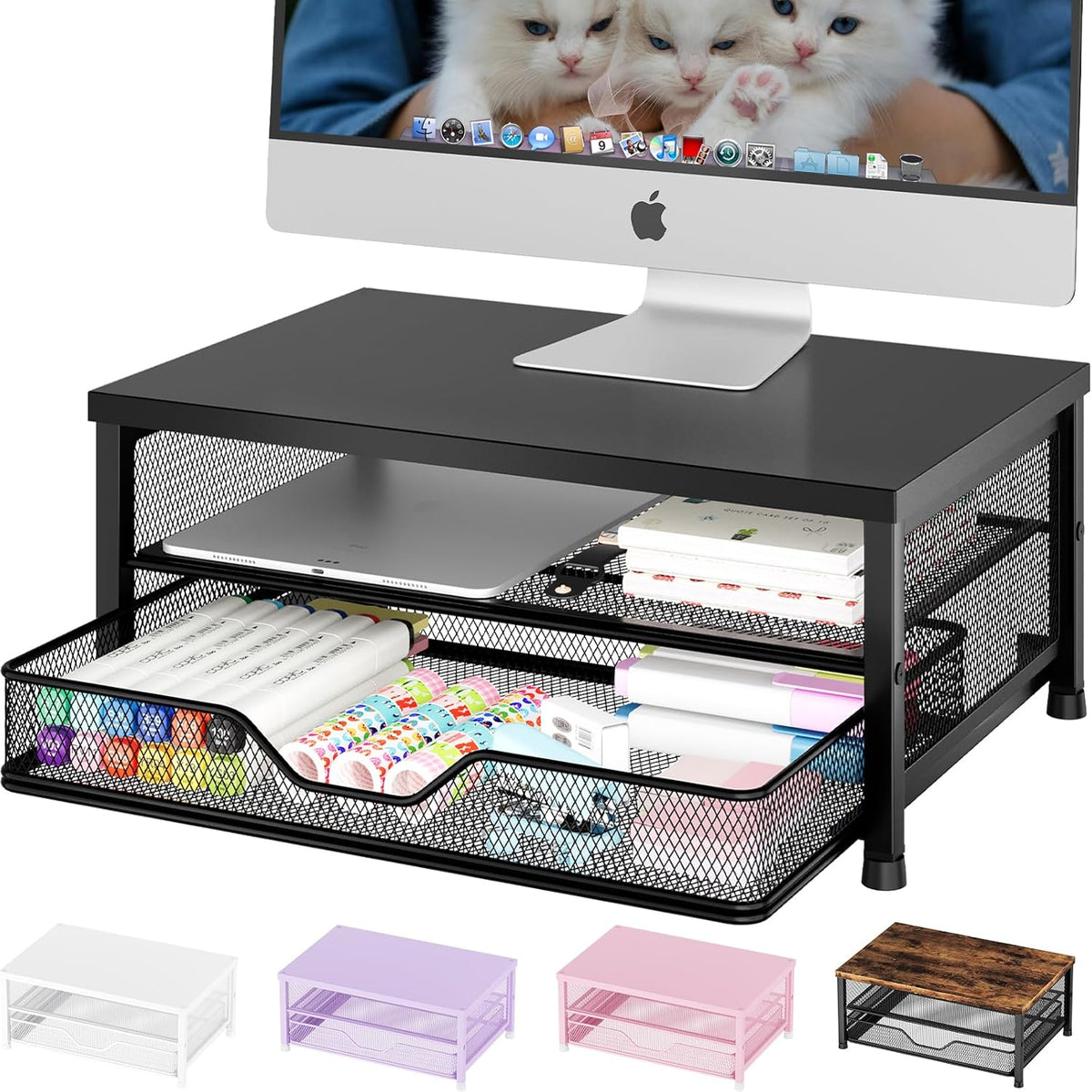 OPNICE computer monitor stand riser front view displaying the sliding drawer and black metal mesh construction