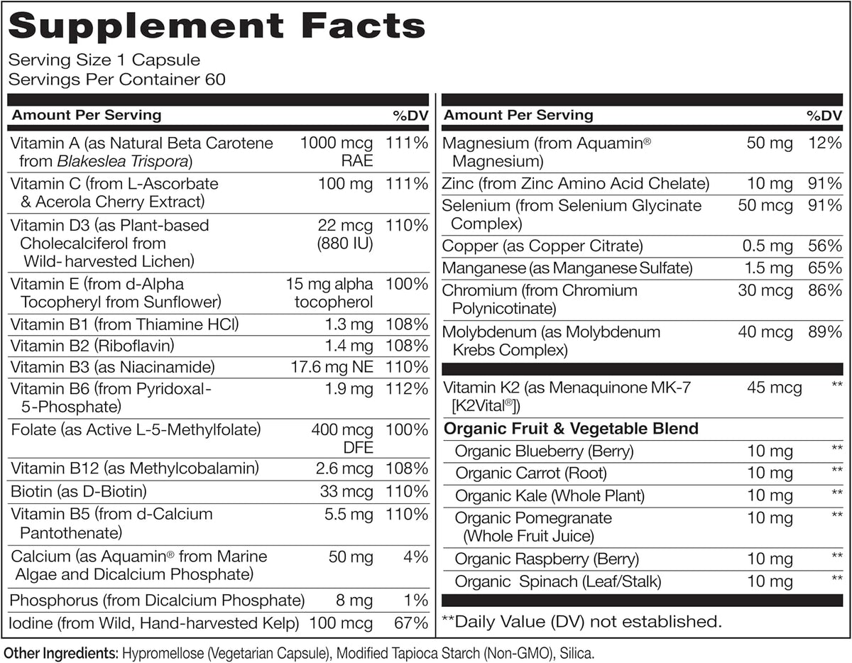 Naturelo men daily multivitamin bottle nutrition facts and ingredient label