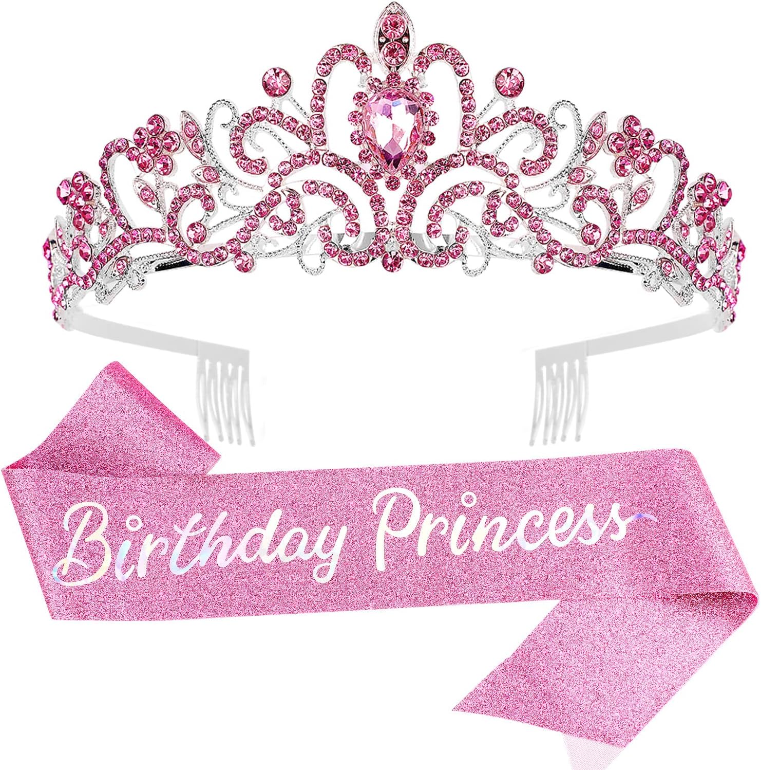 VELSCRUN Princess Birthday Tiara and Sash Set front view showing silver crown with pink rhinestones