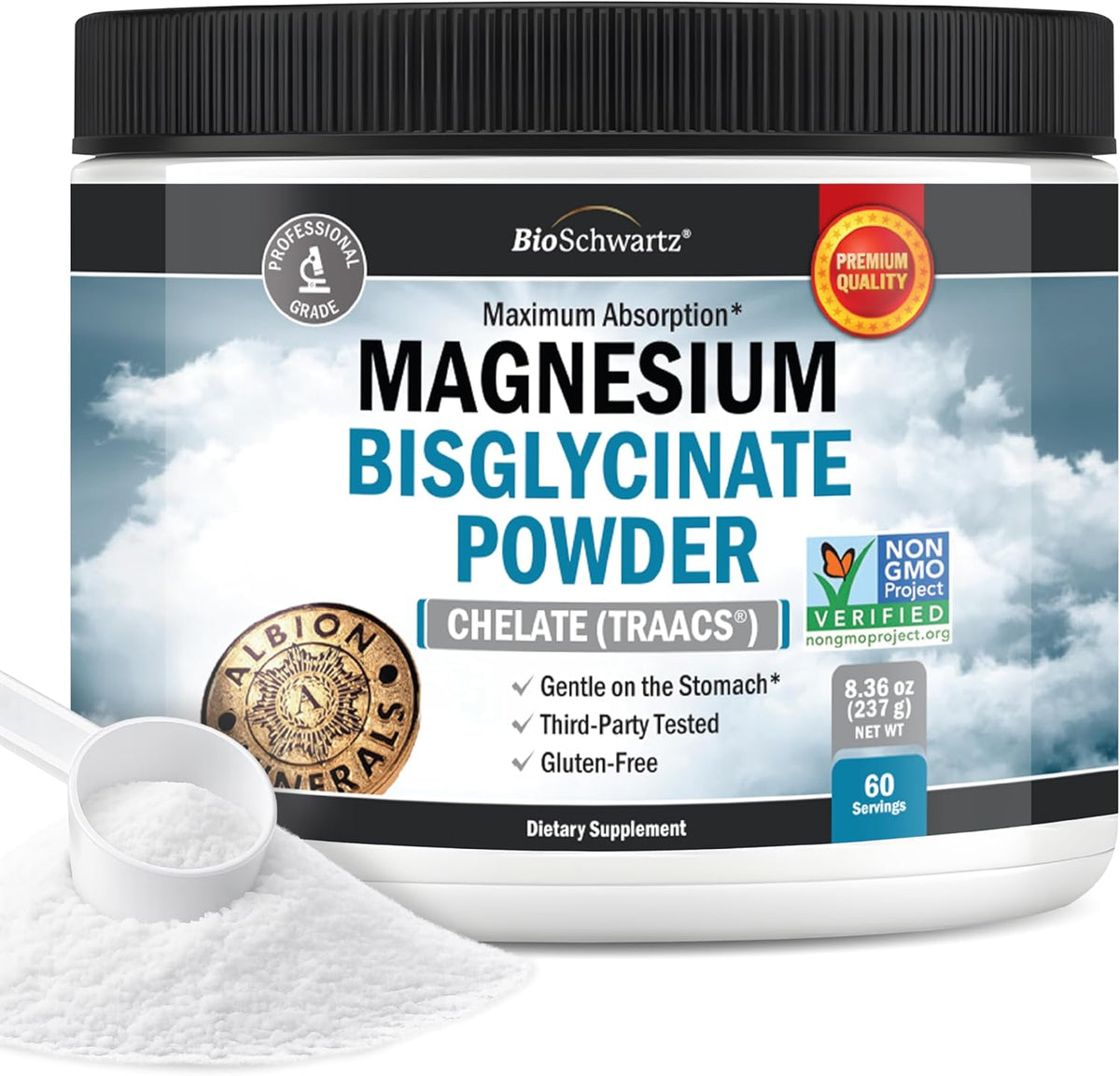 Magnesium Bisglycinate Powder Chelated Supplement - High Absorption Magnesium Glycinate Powder Supplement for Women and Men - Sleep, Muscle, Bone & Joint Support - Non-GMO Chelate - 237g, 60 Servings - Image 1
