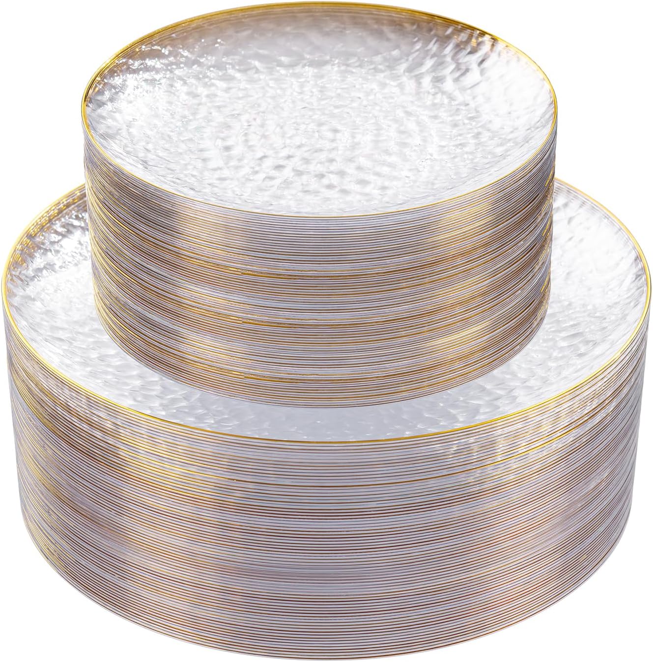 Rubtlamp 60 count clear plastic plates with gold rim front view for wedding decor.