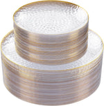 Rubtlamp 60 count clear plastic plates with gold rim front view for wedding decor.