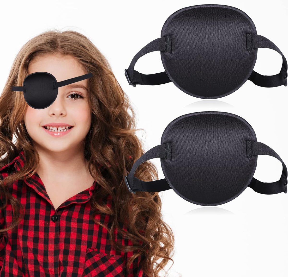 Fezog 3D medical eye patches front view showing the concave black design and adjustable elastic strap