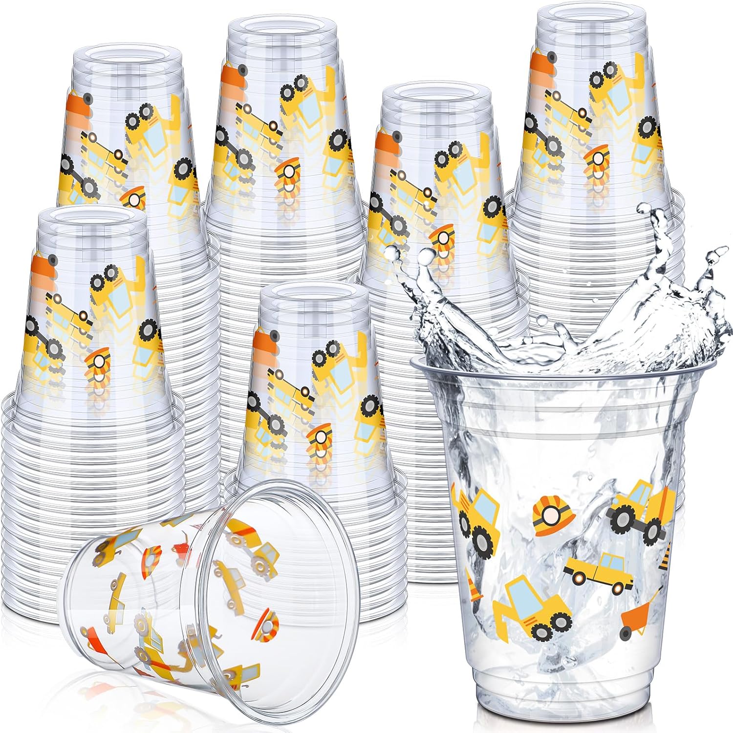 Uiifan 50 Pcs Construction Cups Construction Birthday Party Supplies 12 oz Theme Plastic Cups Disposable Dump Truck Traffic Glasses for Home Birthday Party Favors Supplies Decoration(Stylish) - Image 1