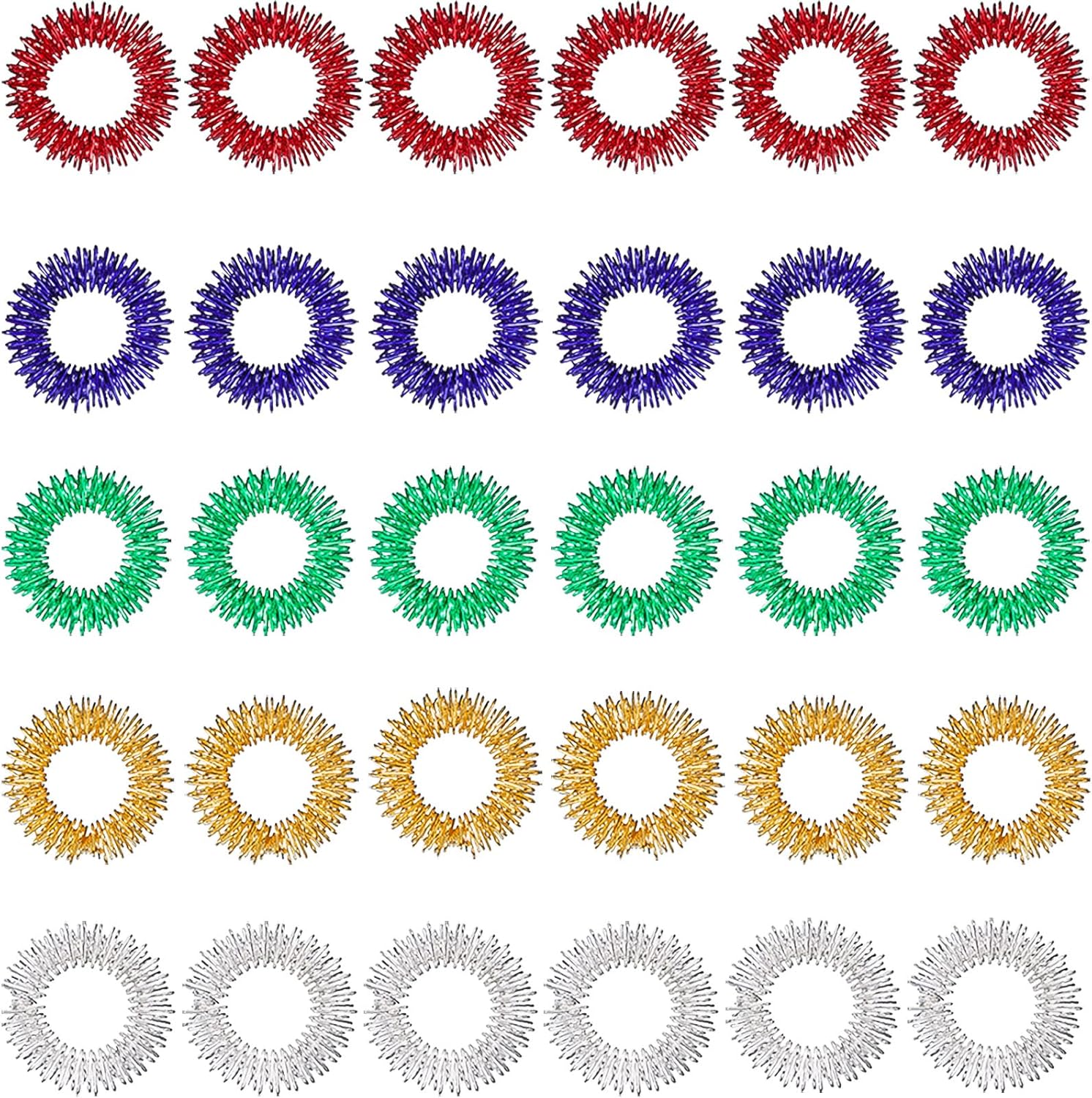 Blulu acupressure rings spiky sensory finger massager set front view showing thirty pieces in assorted metallic colors.