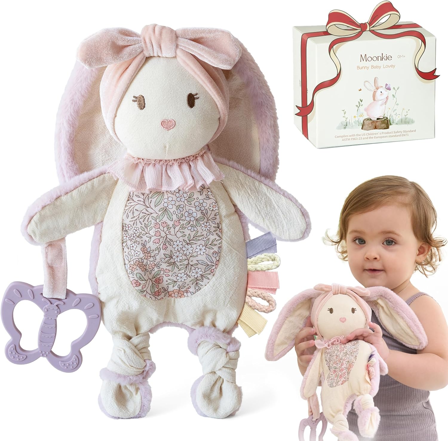 Moonkie baby lovey bunny security blanket front view featuring plush fabric and butterfly teether.