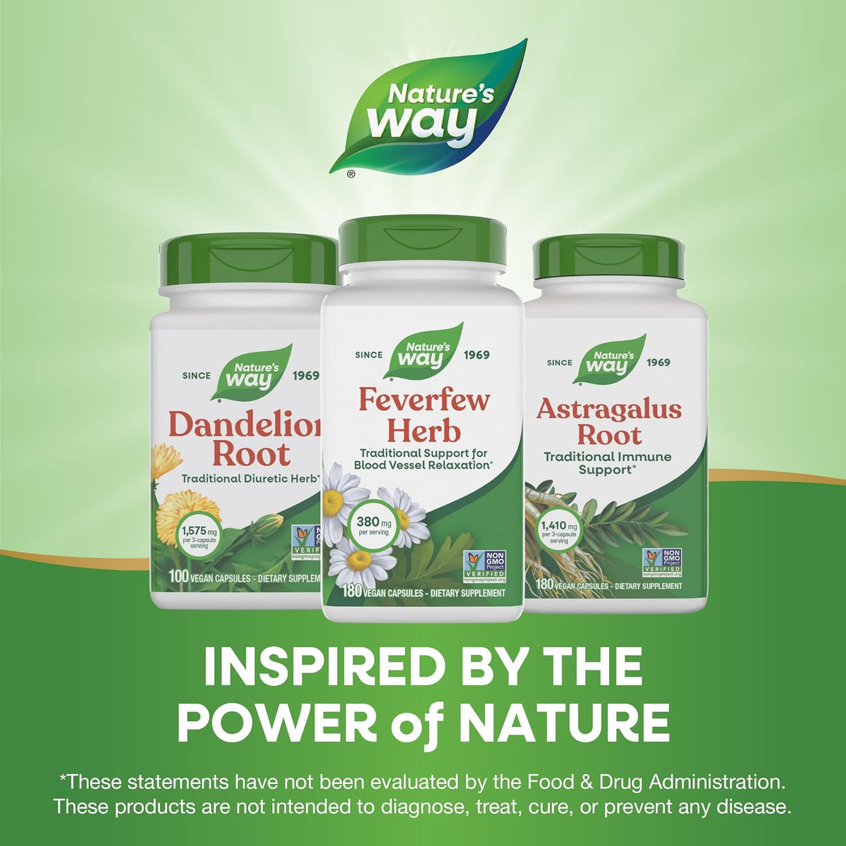 Nature's Way Feverfew 380 mg vegetarian capsules side profile