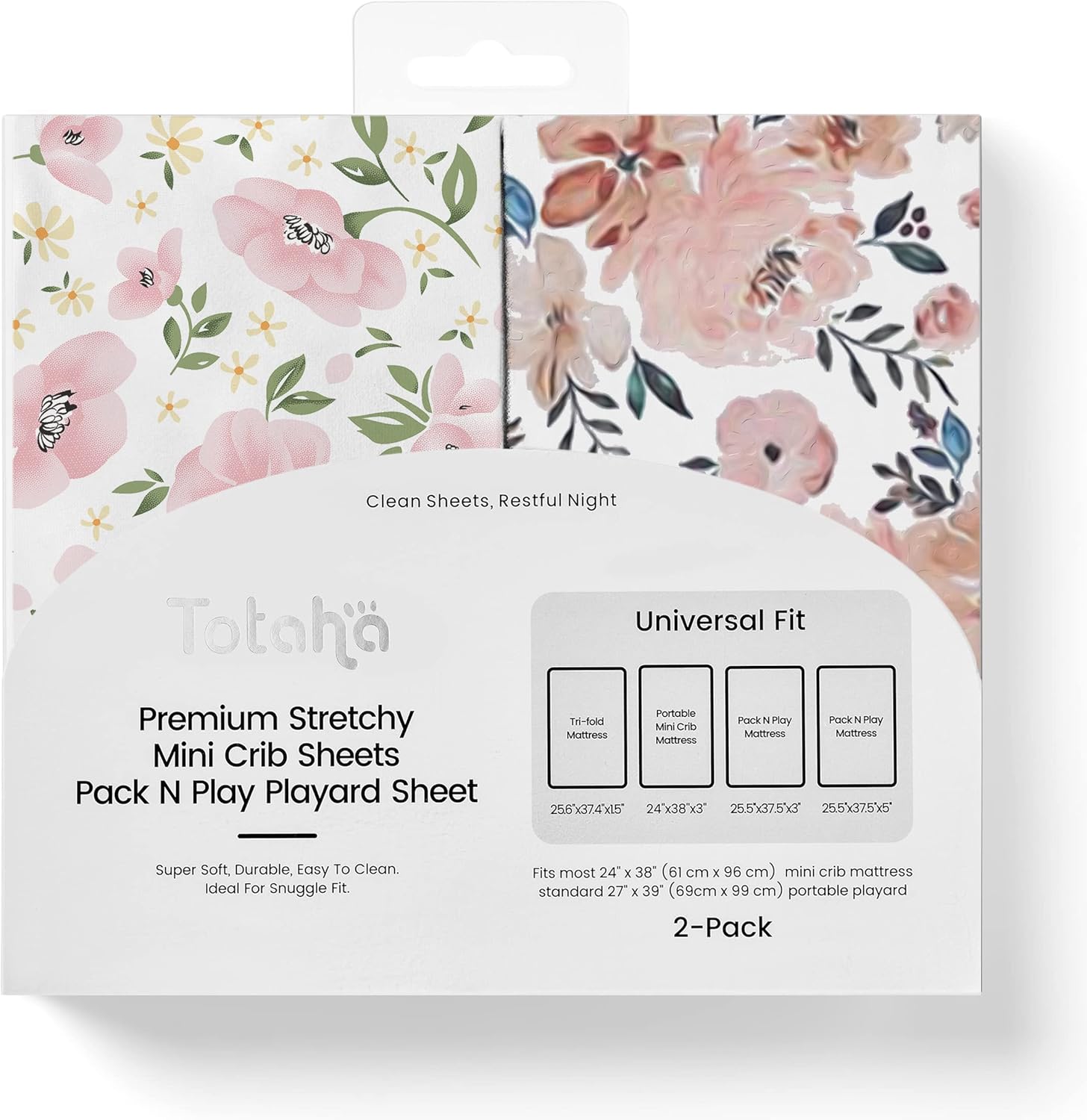 TotAha buttery soft floral mini crib sheets 2 pack front view
