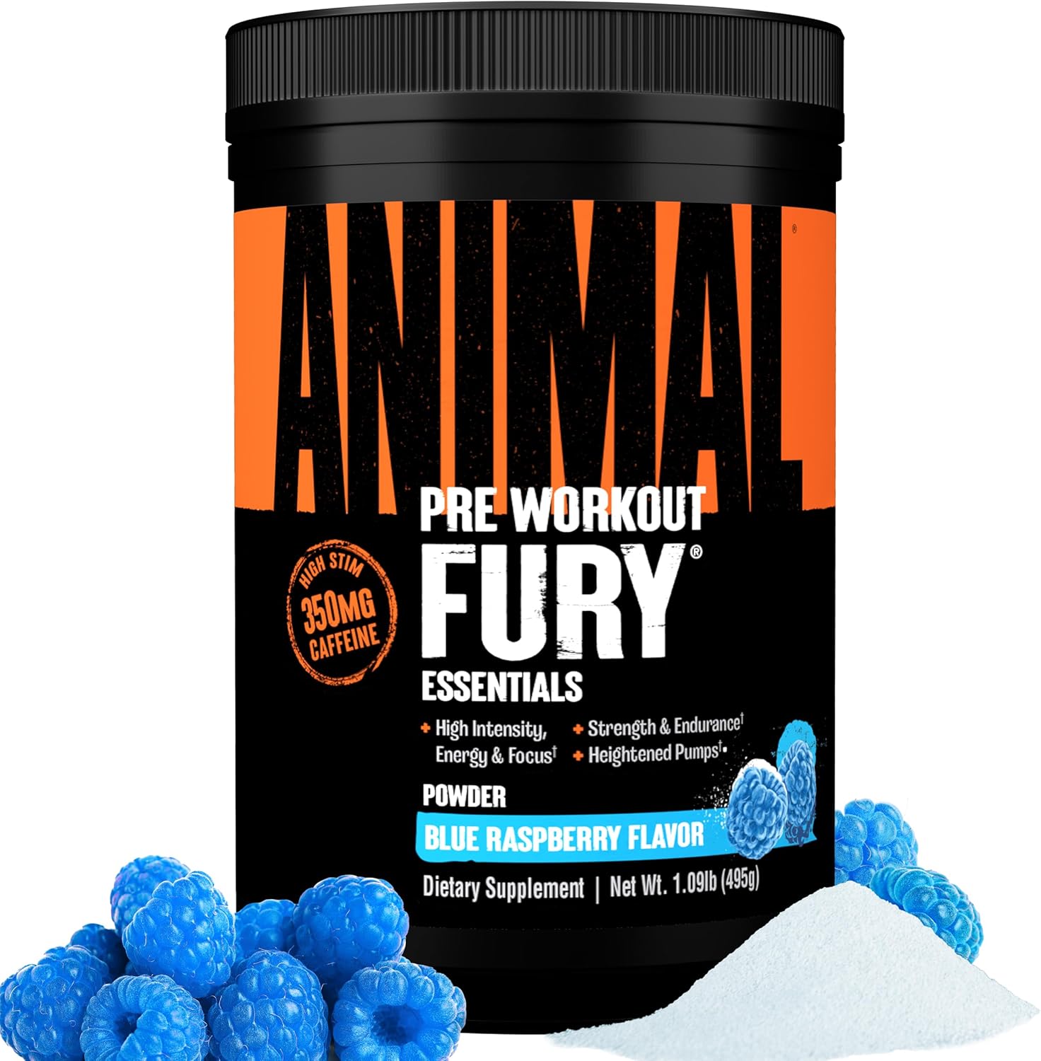 Animal Fury Pre Workout Blue Raspberry tub front view showing authentic imported packaging.