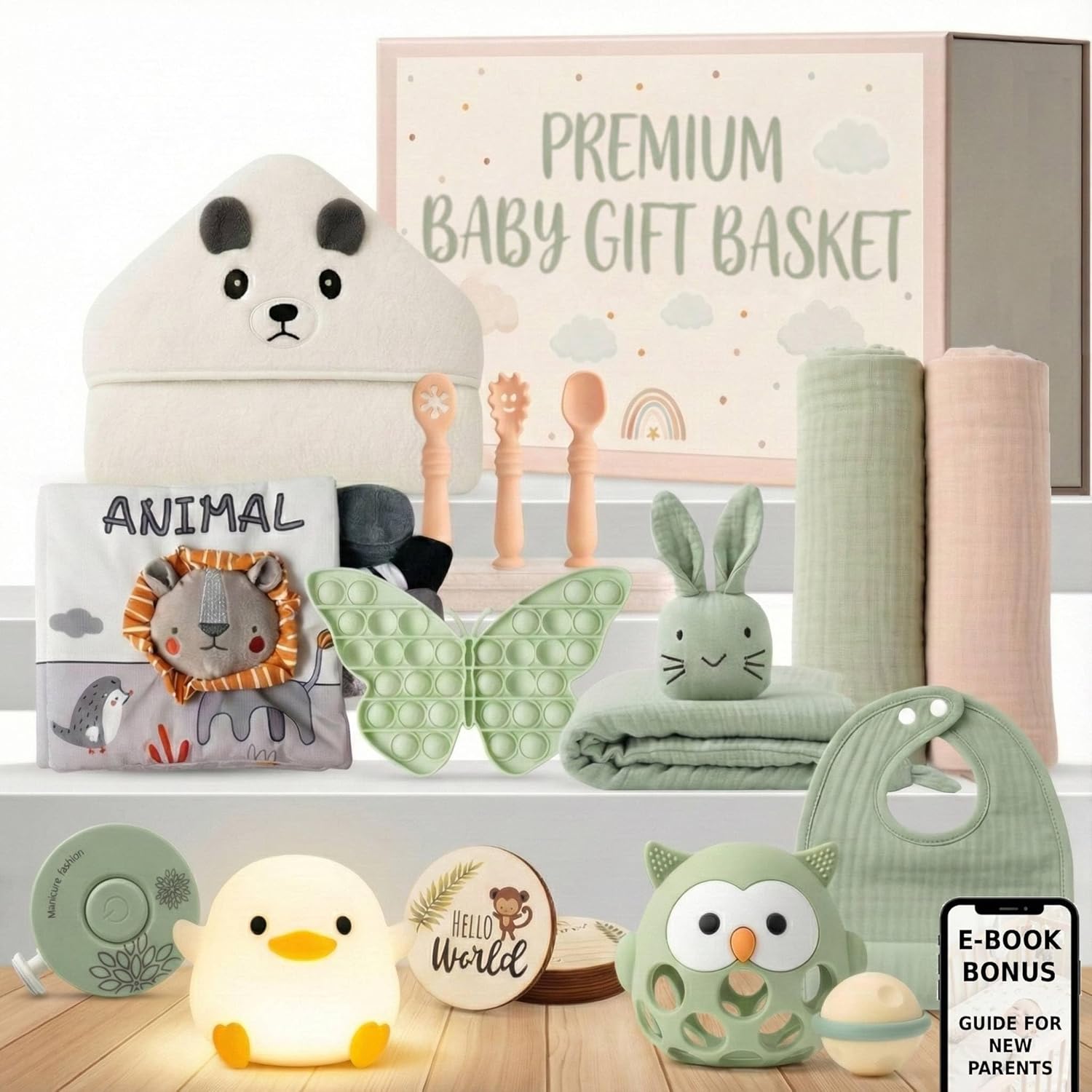 Bornealand New Baby Gift Basket 21 Piece Set front view showcasing the elegant open magnetic keepsake box filled with premium newborn accessories.