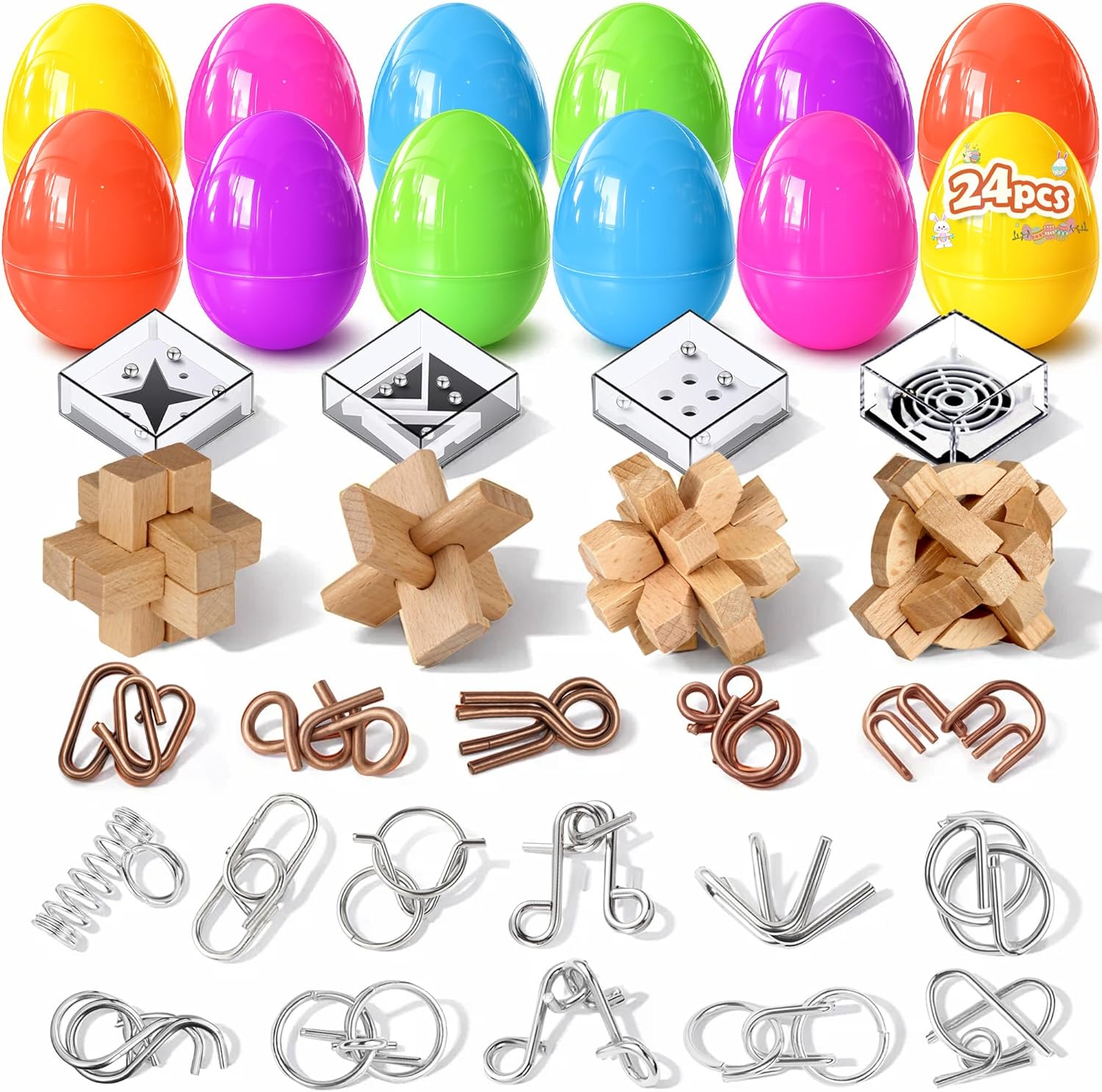Rubypop Easter basket stuffers brain teaser puzzles front view displaying twenty-four colorful plastic eggs and assorted metal loops.
