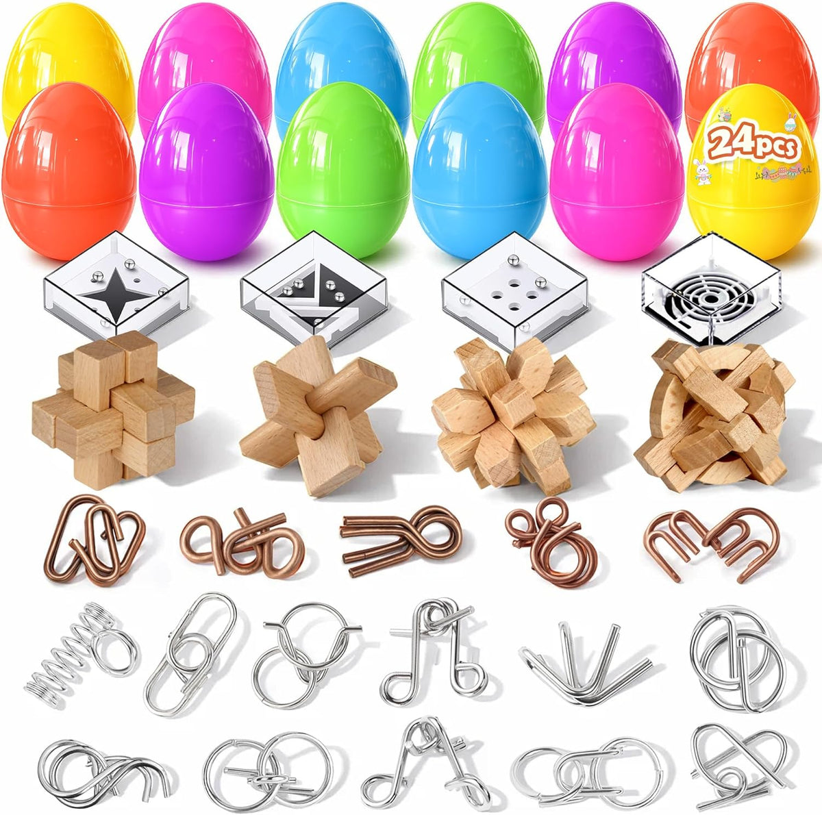 Rubypop Easter basket stuffers brain teaser puzzles front view displaying twenty-four colorful plastic eggs and assorted metal loops.