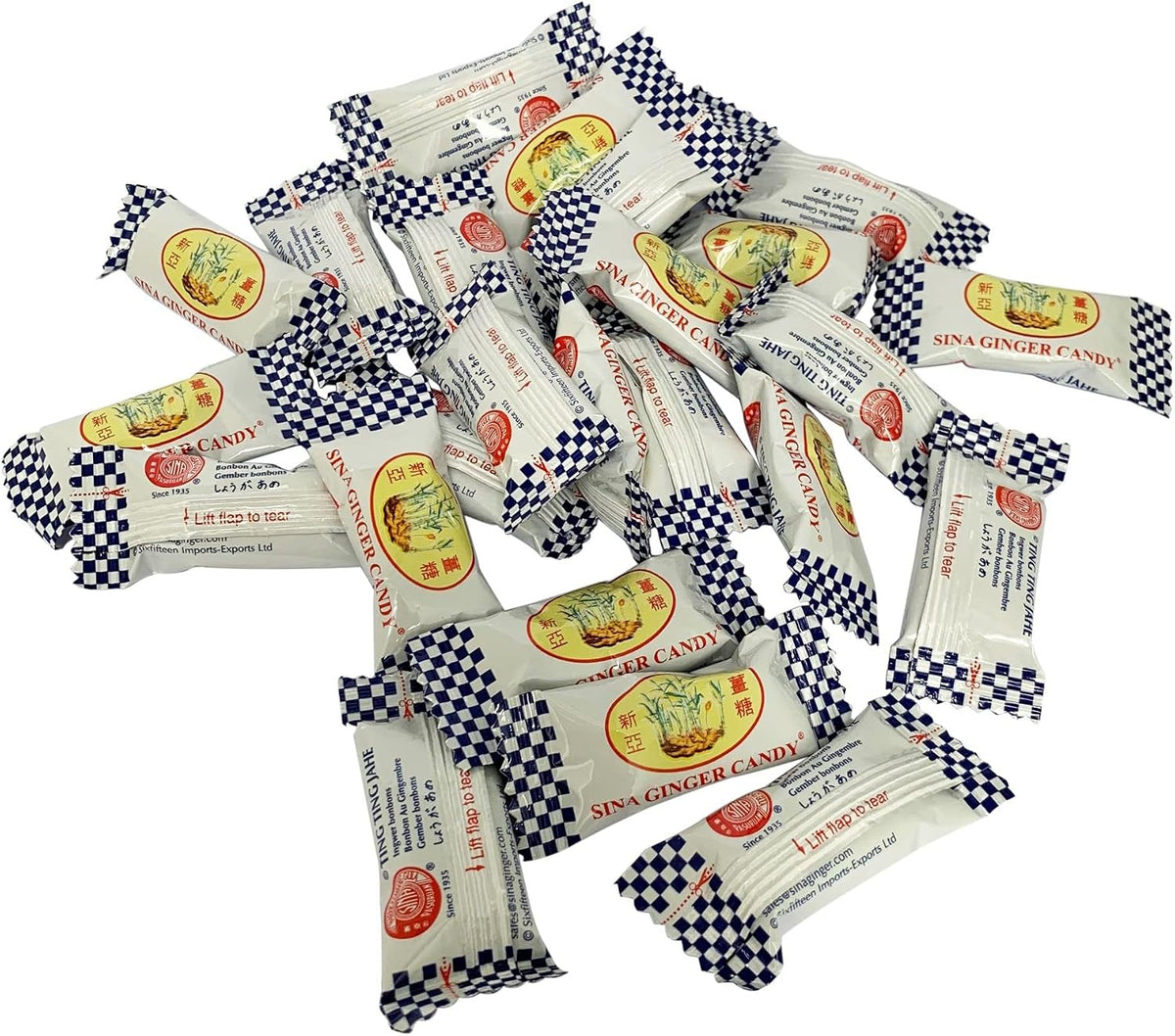 Individually wrapped authentic Indonesian style ginger chews spread out from the bag