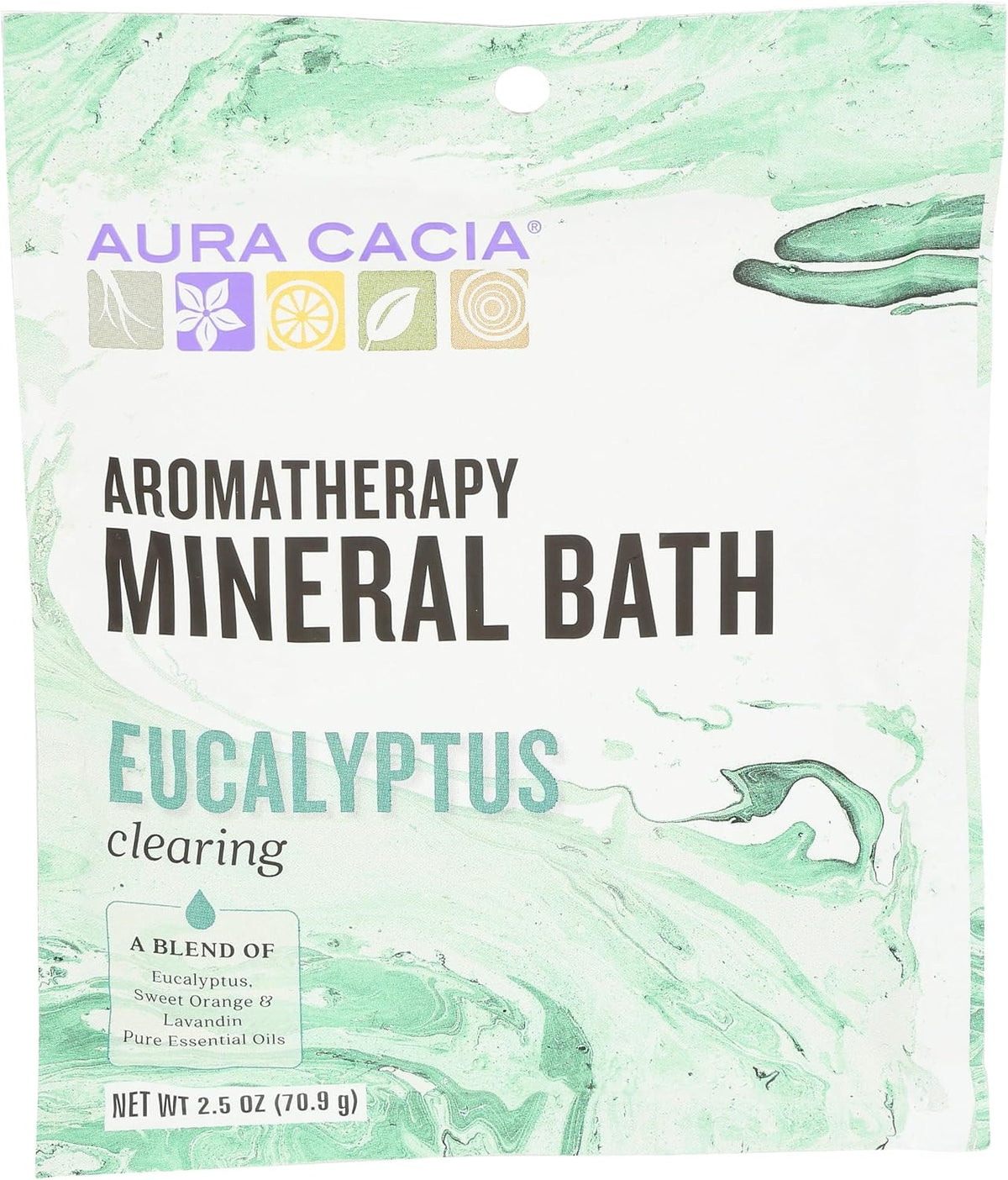 Aura Cacia Mineral Bath Eucalyptus front view packet packaging