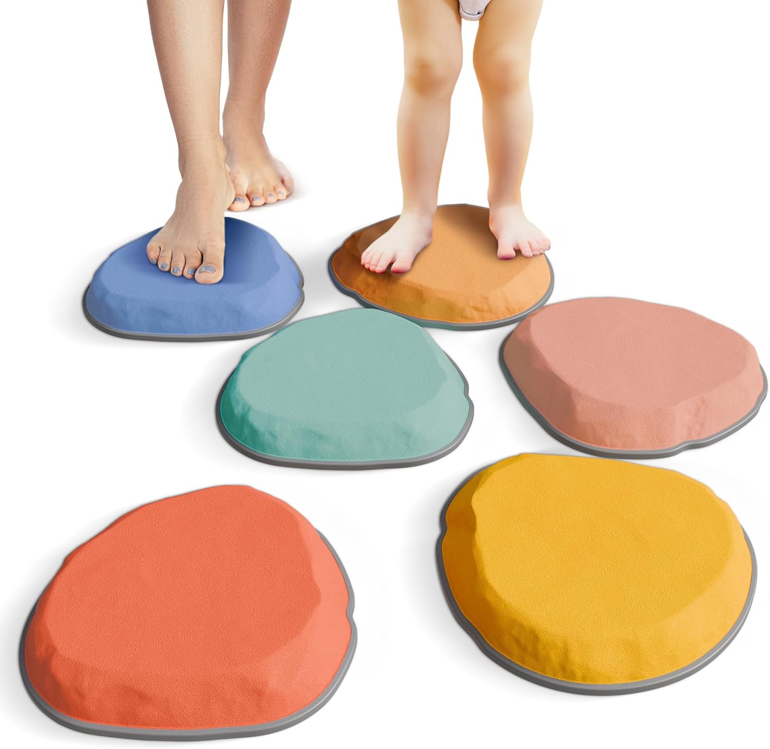 ZICOTO fun stepping stones for kids front view showing six multi colored stackable pieces on a living room floor.