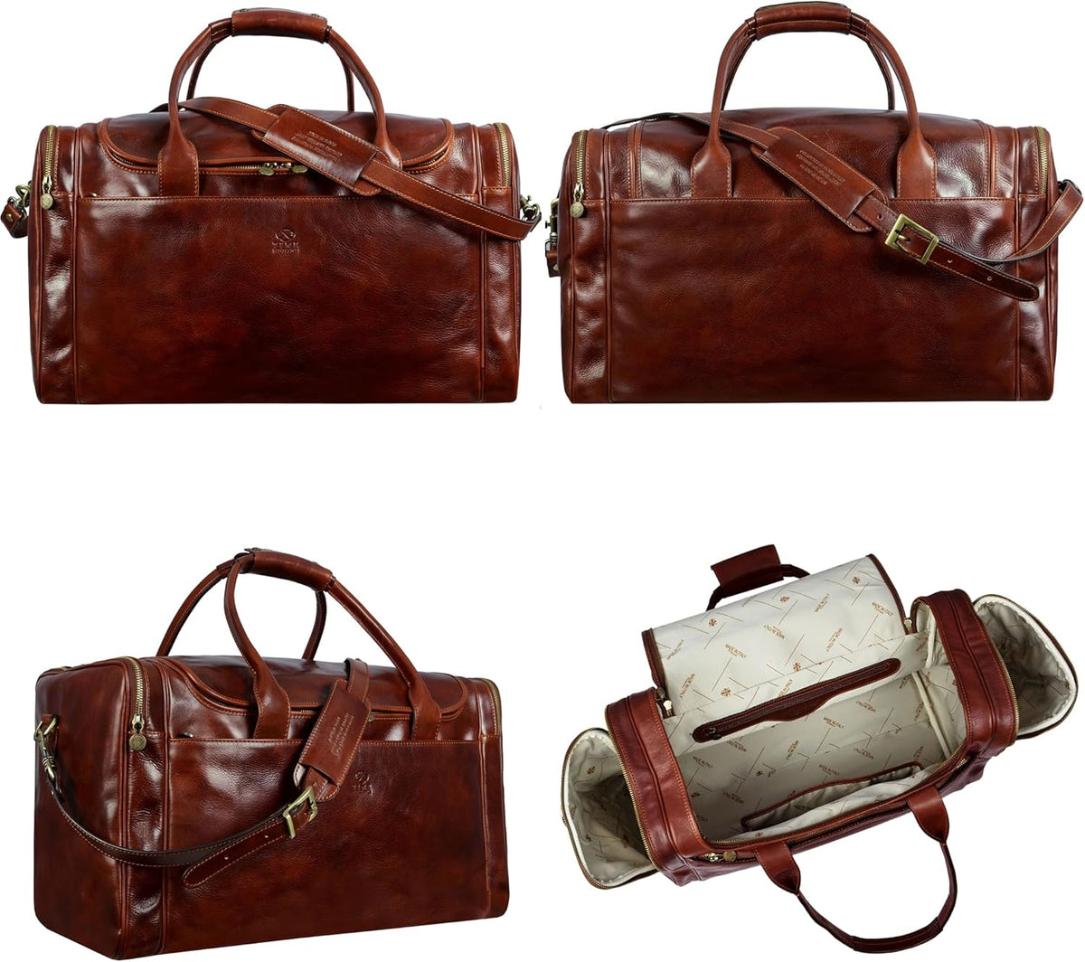 Time Resistance brown leather duffel bag with shoulder strap