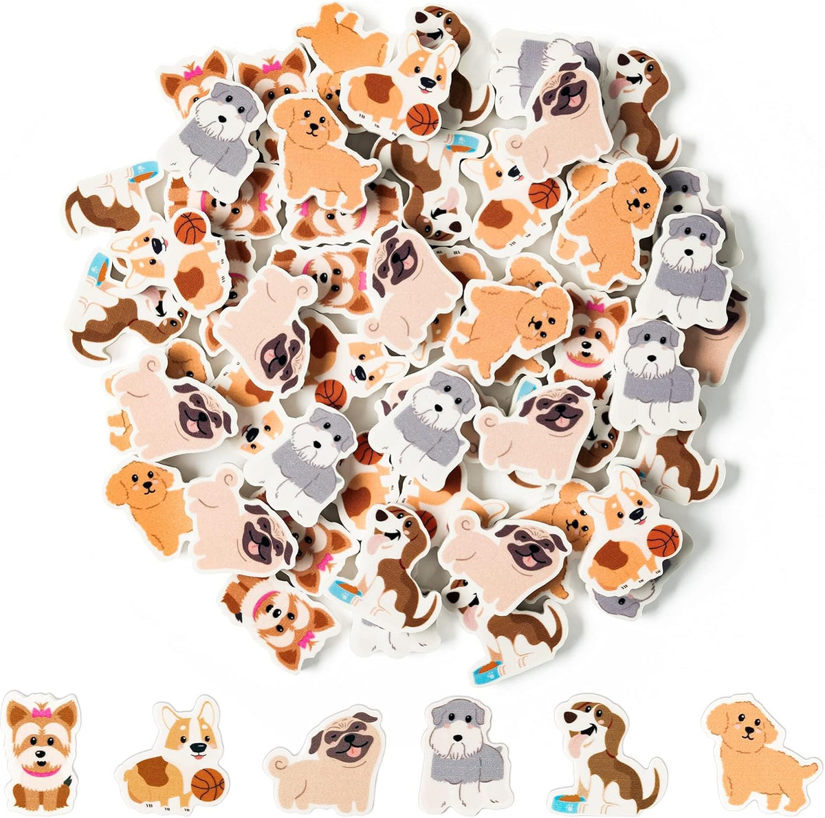 ANGOLIO dog erasers front view showing 60 pieces of cute animal pencil toppers